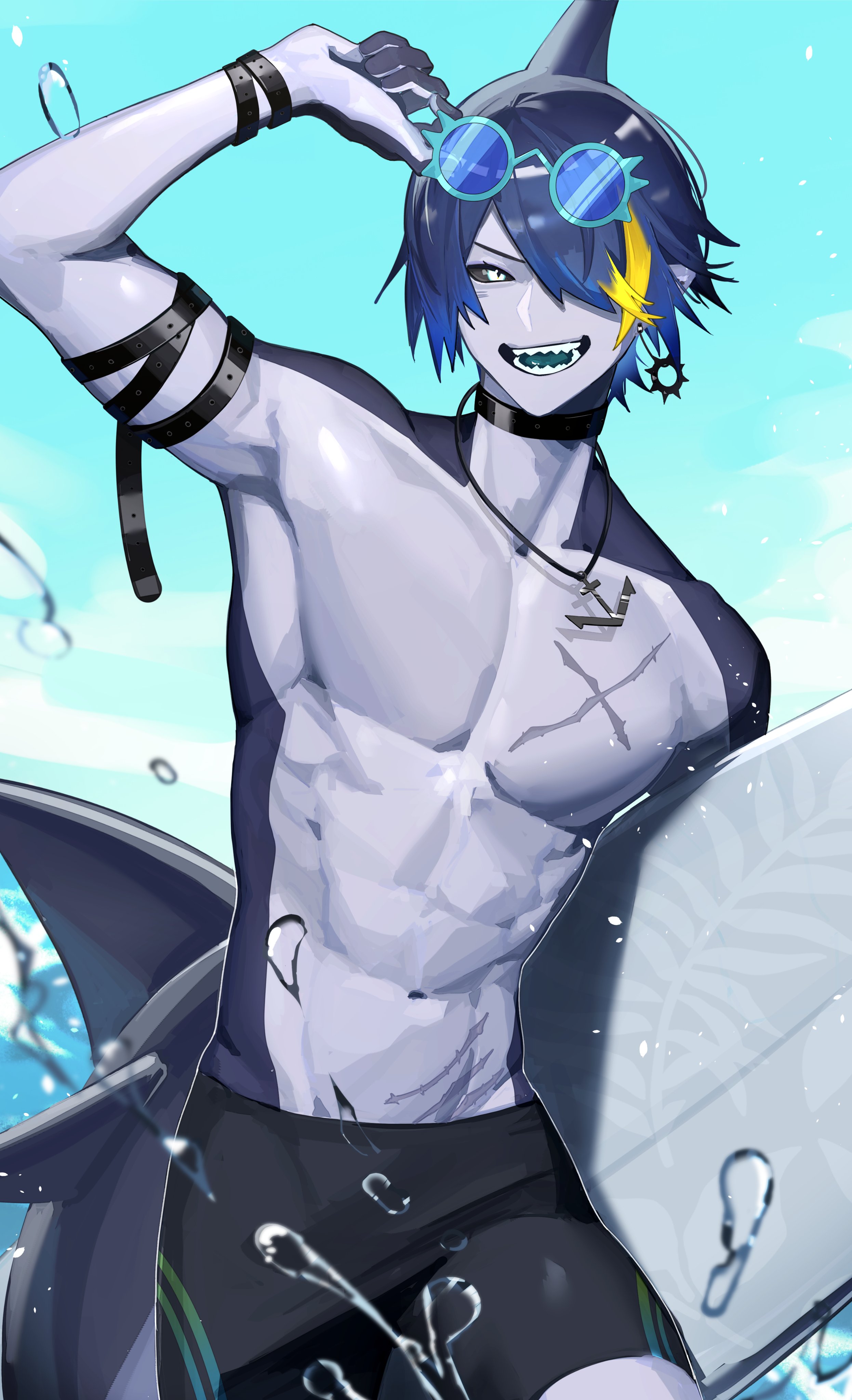indie virtual youtuber, absurdres, highres, second-party source, 1boy, black choker, black sclera, black shorts, black straps, choker, colored sclera, eyewear on head, fins, fish tail, jewelry, looking at viewer, magic necro, male focus, monster boy, necklace, no shirt, pointy ears, scar, scar on chest, shark boy, shark fin, shark tail, sharp teeth, shorts, surfboard, tail, teeth