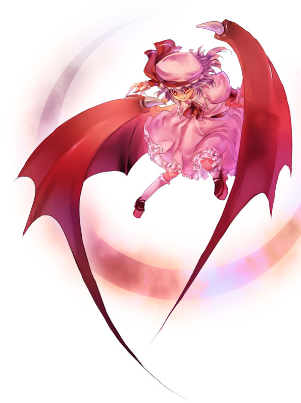 tenkuu sphere, remilia scarlet, touhou, 1girl, bat wings, blue hair, female focus, hat, red eyes, ribbon, short hair, solo, wings