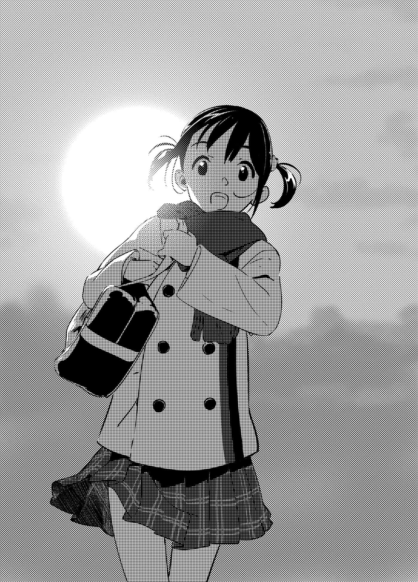 pako (pakosun), occultic;nine, science adventure, game cg, highres, non-web source, official art, 1girl, bag, black eyes, black hair, buttons, clothes lift, coat, day, double-breasted, greyscale, holding, holding bag, kawabata chizu, looking at viewer, miniskirt, monochrome, open mouth, outdoors, plaid clothes, plaid skirt, pleated skirt, scarf, school uniform, short twintails, skirt, skirt lift, smile, solo, striped coat, sun, thighs, twintails, vertical-striped coat