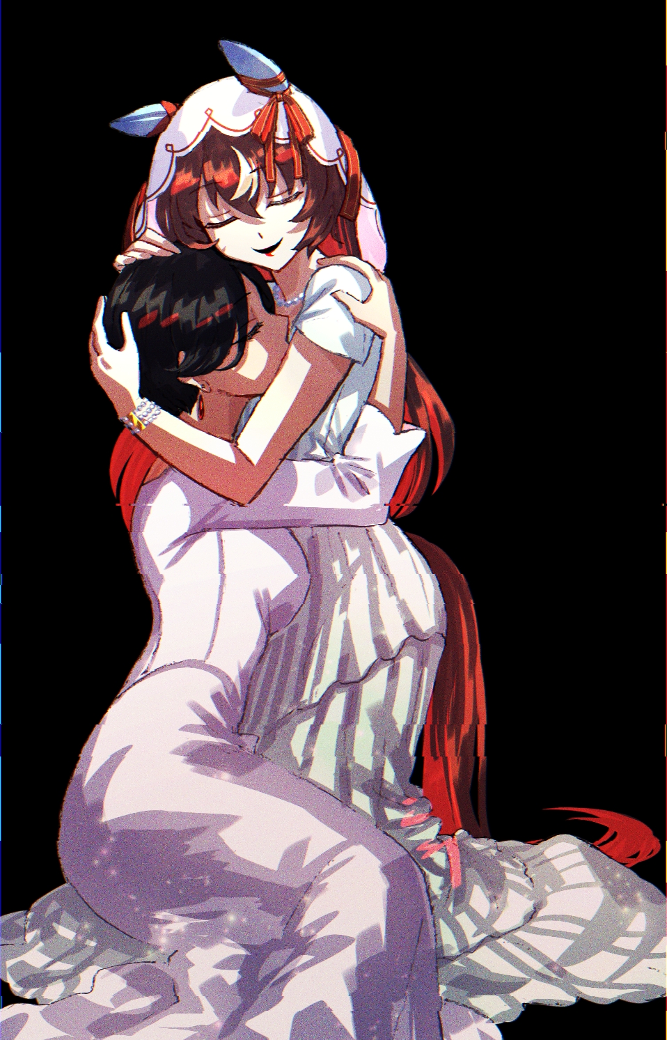 jagaimobeniko, still in love (umamusume), umamusume, highres, 2girls, black hair, bracelet, breasts, brown hair, closed eyes, dress, ear covers, horse girl, horse tail, hug, jewelry, medium breasts, multiple girls, short sleeves, smile, tail, three-quarter sleeves, white dress, yuri