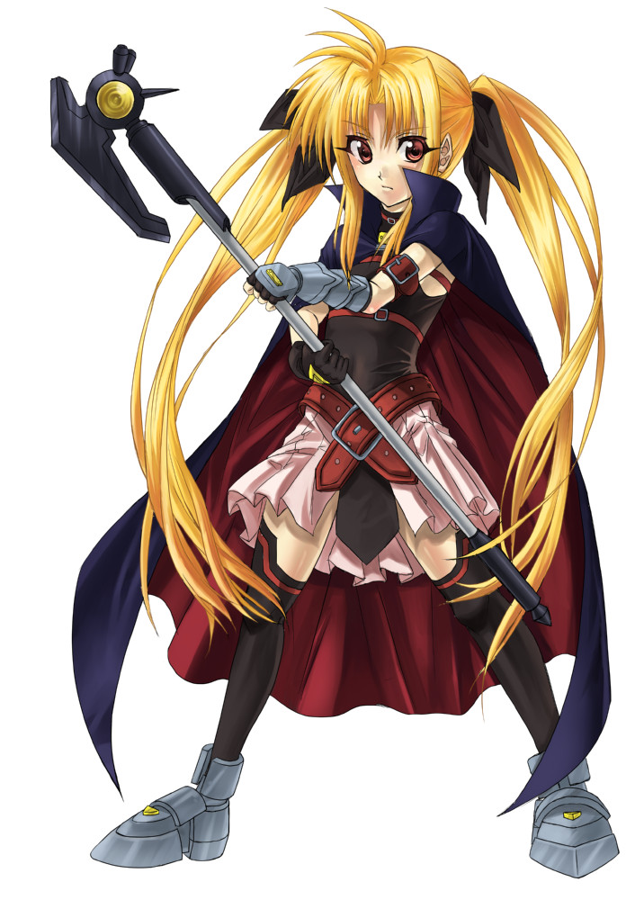 kitiroku, bardiche (assault form) (nanoha), bardiche (nanoha), fate testarossa, fate testarossa (lightning form), lyrical nanoha, mahou shoujo lyrical nanoha, 00s, 1girl, blonde hair, female focus, long hair, miniskirt, skirt, solo, thighhighs, twintails, very long hair