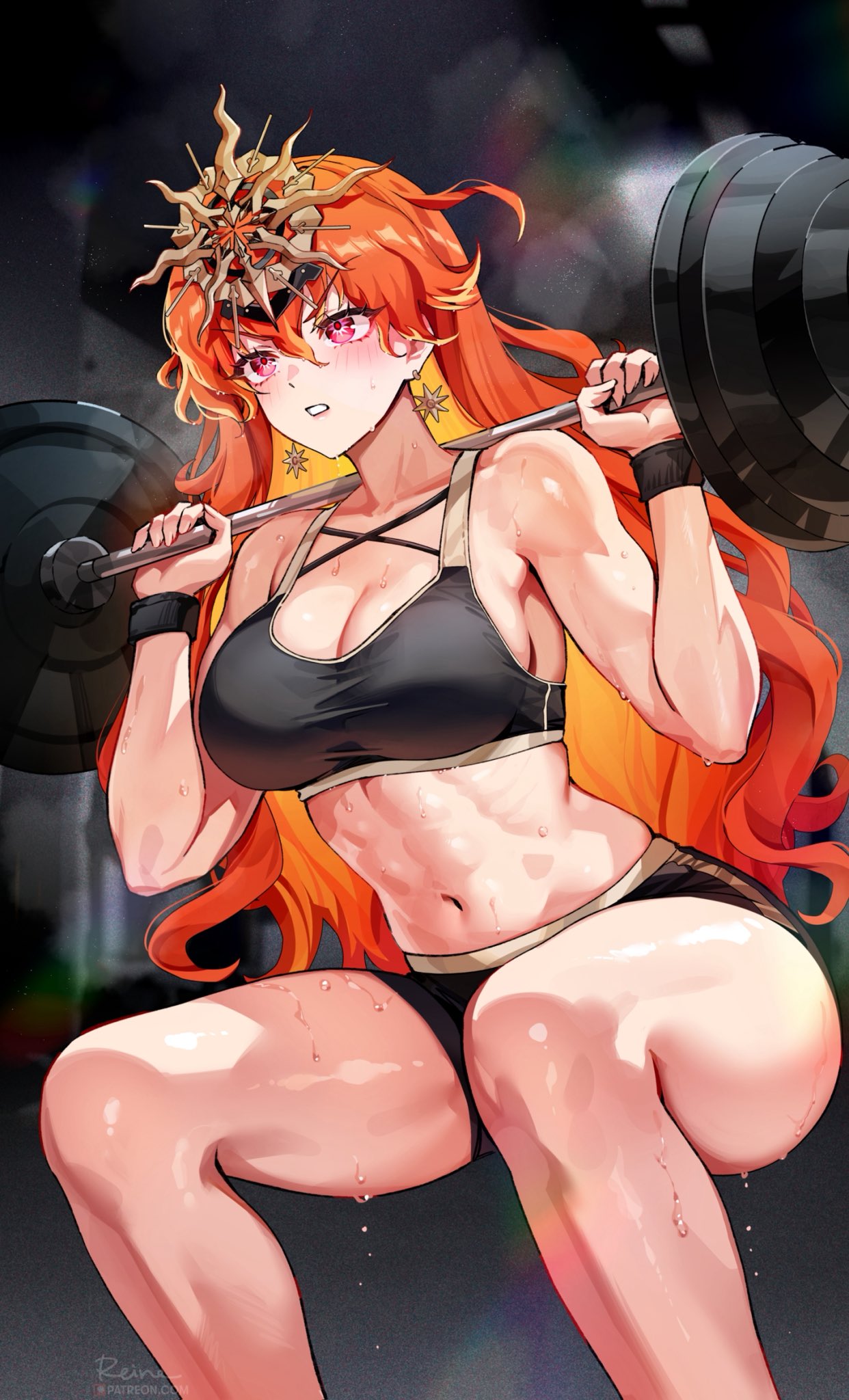 foxyreine, augusta (wuthering waves), wuthering waves, commentary, highres, 1girl, alternate costume, barbell, bare shoulders, black shorts, black sports bra, blush, breasts, cleavage, collarbone, colored inner hair, earrings, exercising, feet out of frame, fingernails, hair between eyes, headgear, jewelry, large breasts, long hair, looking ahead, multicolored hair, muscular, muscular female, navel, orange hair, parted lips, red eyes, shorts, signature, solo, sports bra, squatting, stomach, sun earrings, sweat, thighs, v-shaped eyebrows, very long hair, weightlifting