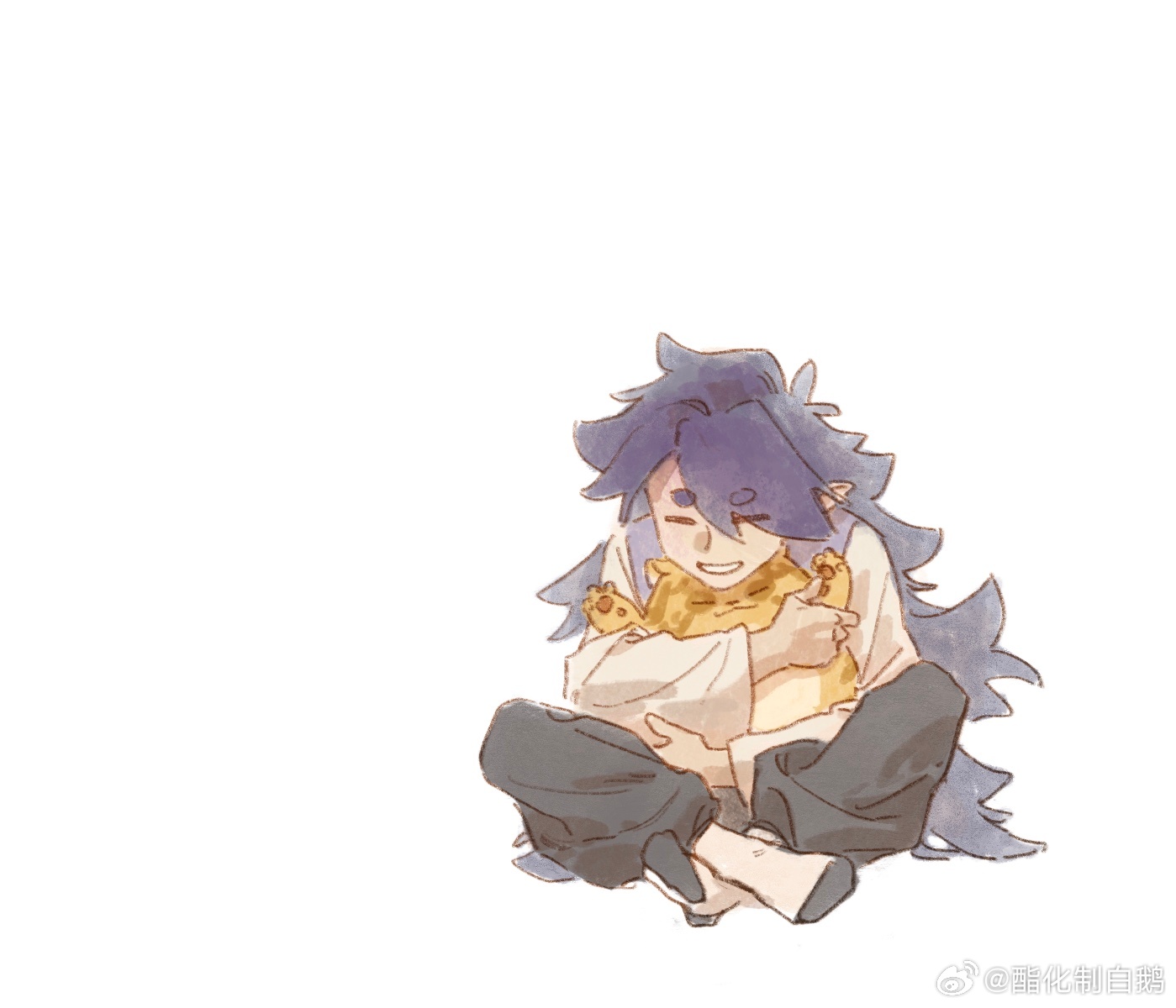 fengxi (the legend of luoxiaohei), tianhu (the legend of luoxiaohei), luo xiaohei zhanji, highres, 2boys, black pants, closed eyes, crossed legs, hug, indian style, long hair, long sleeves, multiple boys, pants, pointy ears, purple hair, simple background, sitting, sitting on lap, sitting on person, white background, zhzbaie