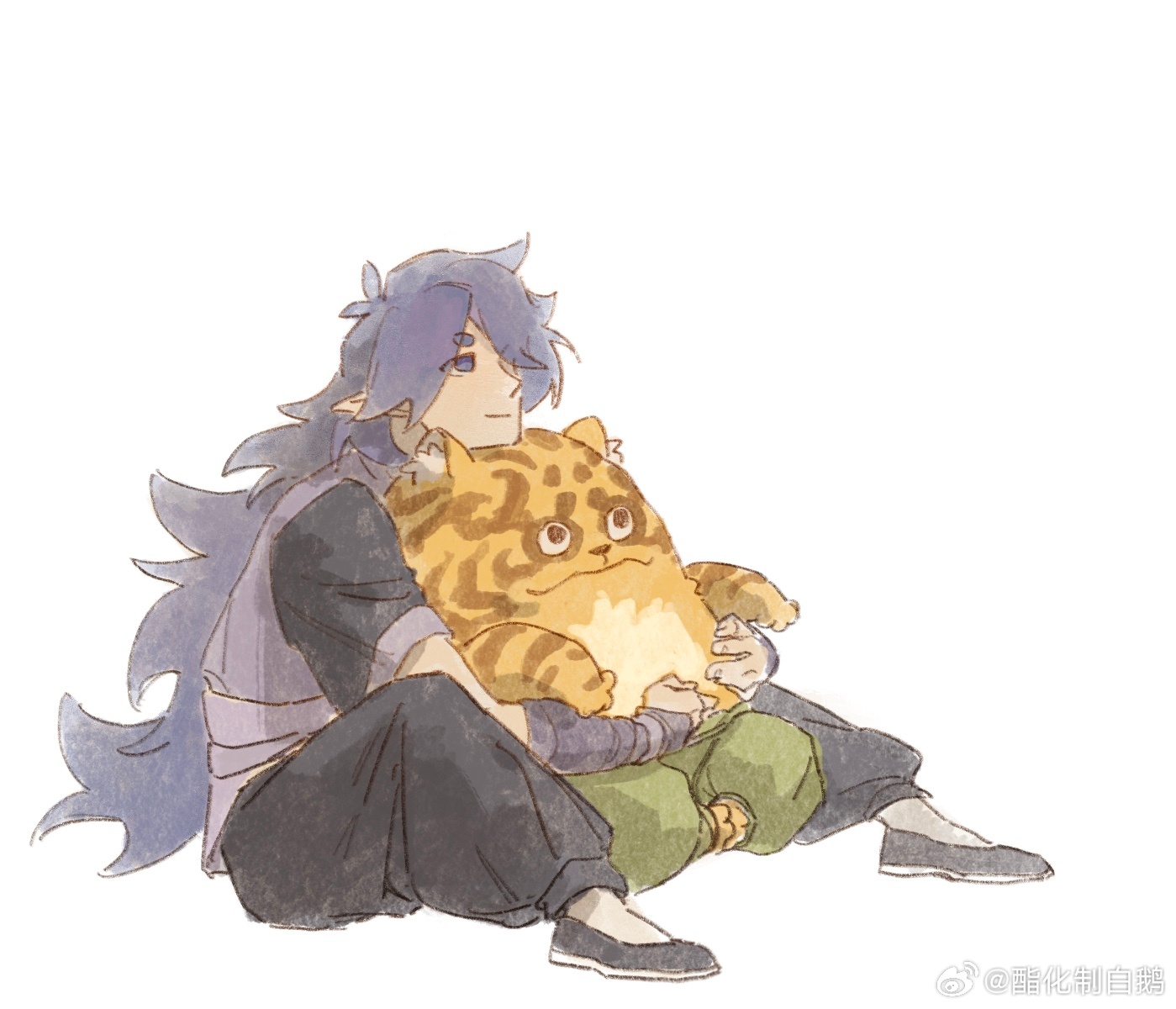 fengxi (the legend of luoxiaohei), tianhu (the legend of luoxiaohei), luo xiaohei zhanji, highres, 2boys, black pants, green pants, hair over one eye, hug, knees up, long hair, multiple boys, pants, pointy ears, purple hair, short sleeves, simple background, sitting, sitting on lap, sitting on person, white background, zhzbaie