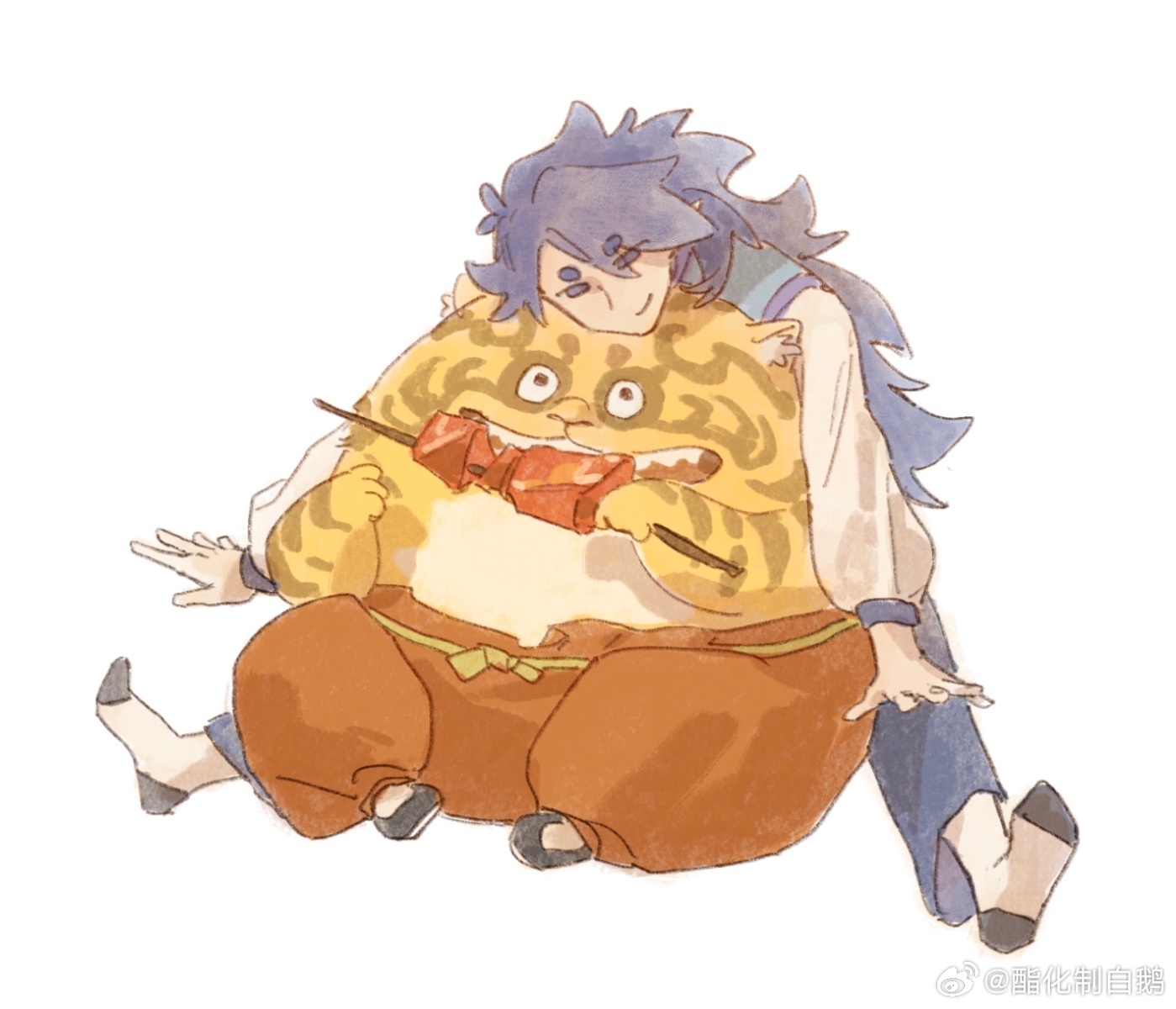 fengxi (the legend of luoxiaohei), tianhu (the legend of luoxiaohei), luo xiaohei zhanji, highres, 2boys, blue pants, brown pants, eating, food, hug, long hair, long sleeves, meat, multiple boys, pants, purple hair, simple background, sitting, white background, zhzbaie