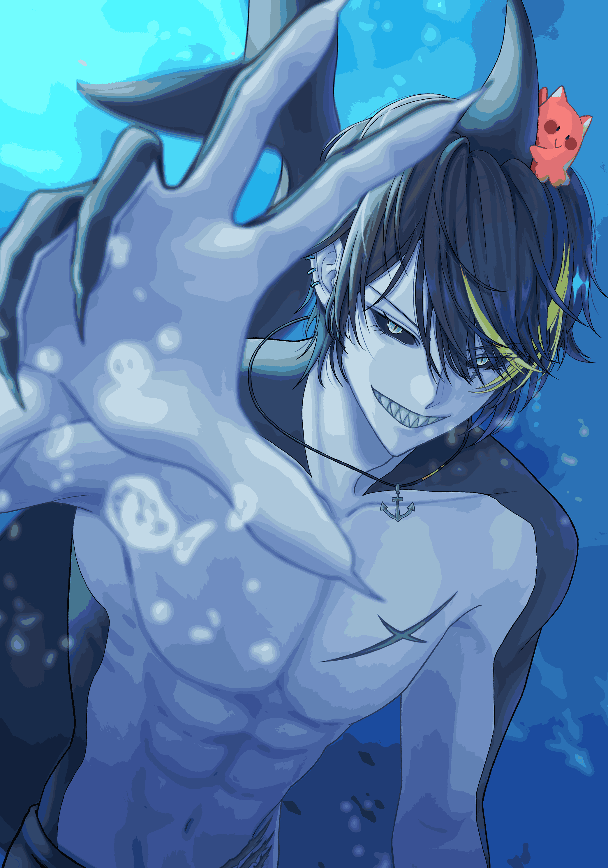 indie virtual youtuber, absurdres, artist request, highres, second-party source, 1boy, abs, black sclera, blue eyes, colored sclera, ear piercing, jewelry, looking at viewer, magic necro, male focus, monster boy, necklace, no shirt, piercing, reaching, reaching towards viewer, scar, scar on chest, shark boy, shark fin, sharp teeth, smile, teeth, underwater