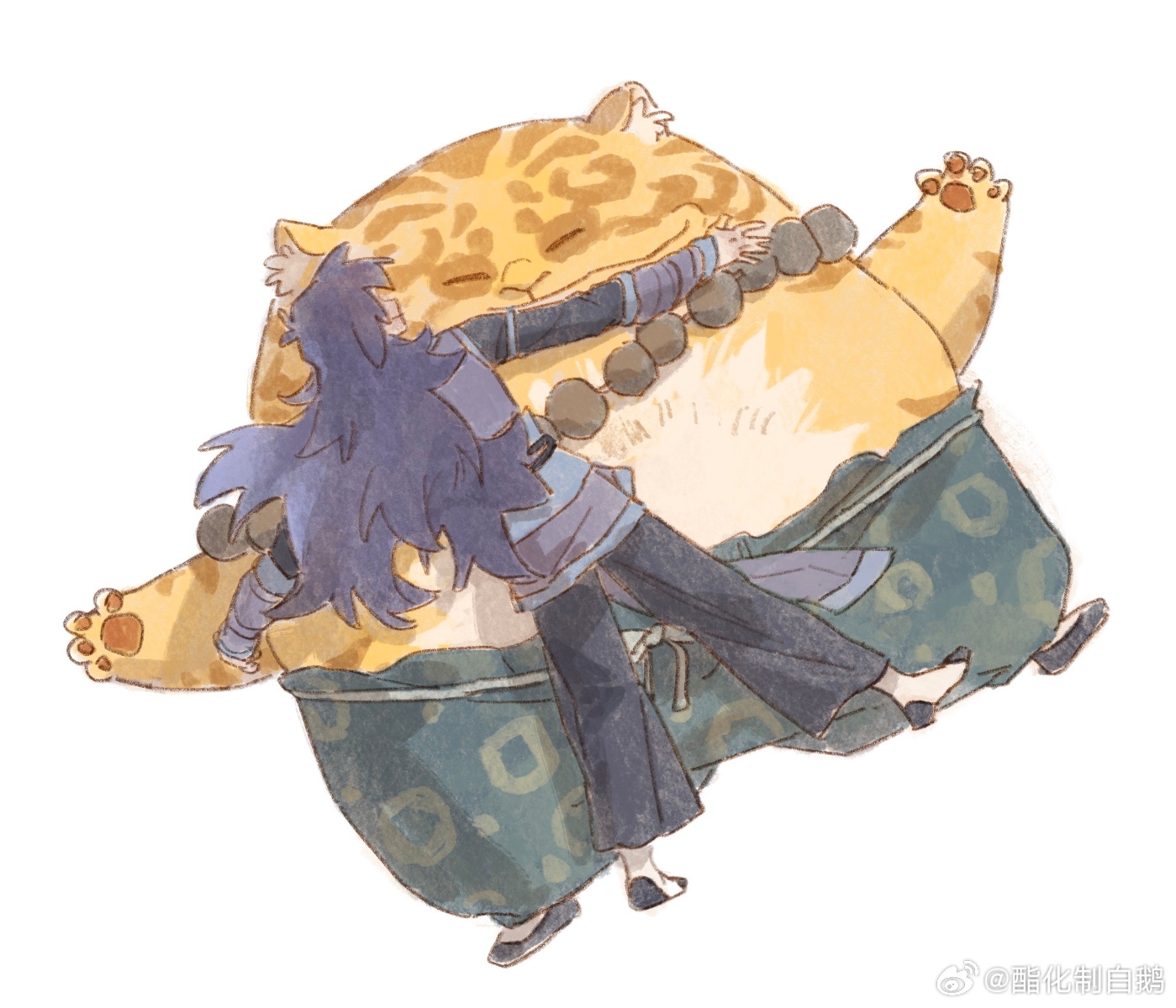 fengxi (the legend of luoxiaohei), tianhu (the legend of luoxiaohei), luo xiaohei zhanji, highres, 2boys, black pants, from above, hug, jewelry, long hair, long sleeves, lying, multiple boys, necklace, on back, on stomach, pants, print pants, profile, purple hair, simple background, white background, zhzbaie