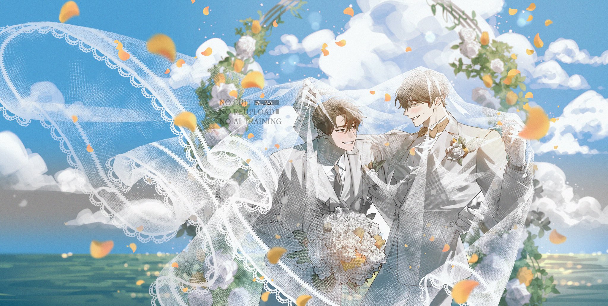 guding nut, kim dokja, yoo joonghyuk, omniscient reader's viewpoint, flower request, highres, 2boys, black hair, bouquet, bow, bowtie, bridal veil, cloud, cloudy sky, coat, cowboy shot, day, falling petals, flower, formal clothes, gloves, holding, holding bouquet, horizon, looking at another, male focus, multiple boys, necktie, ocean, oversized clothes, petals, shirt, short hair, sky, suit, veil, vest, waves, wedding arch, white coat, white gloves, white shirt, white suit, white vest, yaoi