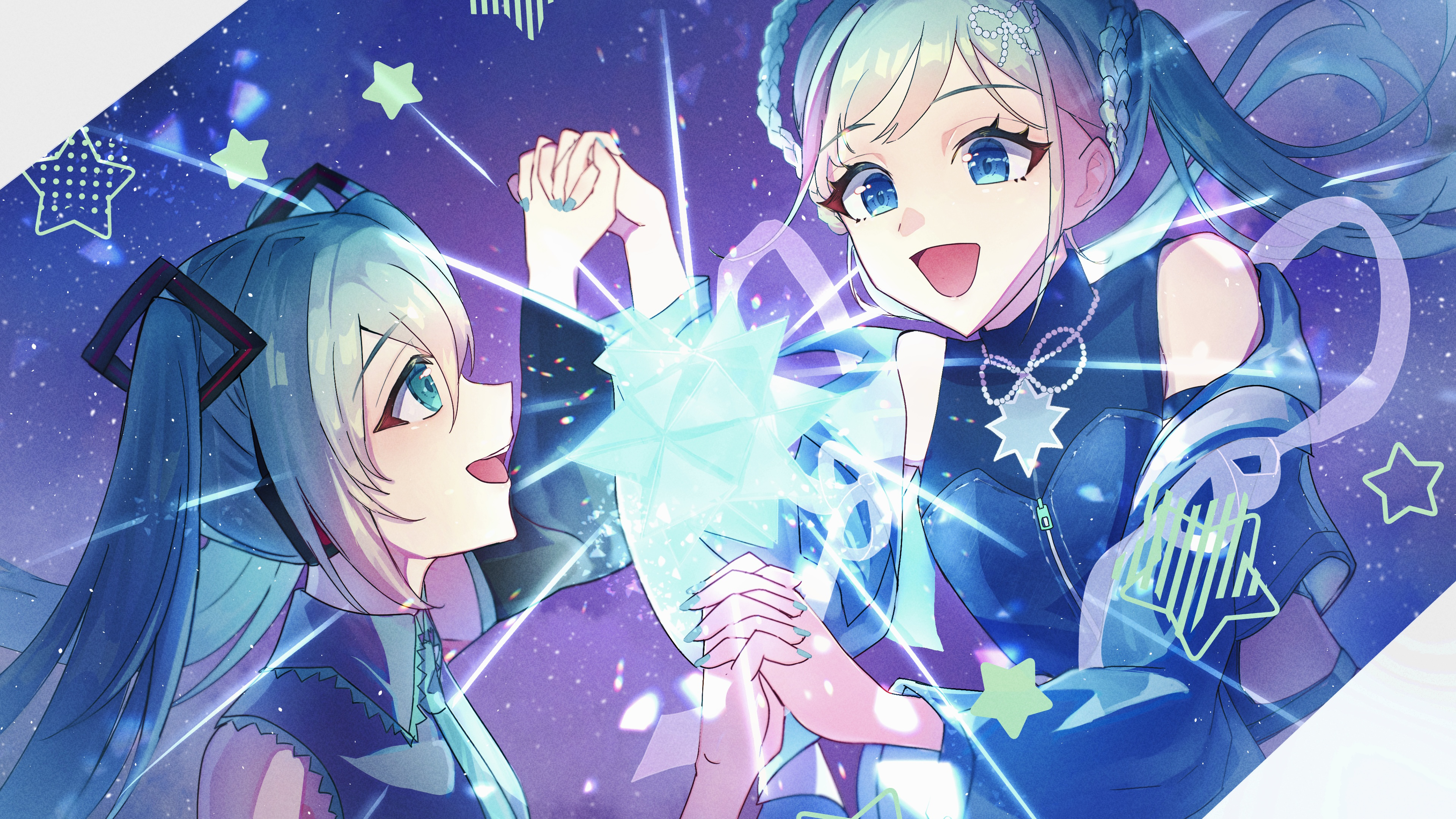 s1n0 0103, hatsune miku, magical mirai miku, magical mirai miku (2025), magical mirai (vocaloid), vocaloid, absurdres, commentary, highres, revision, 2girls, aqua eyes, aqua hair, aqua nails, aqua necktie, blue eyes, blue jacket, braid, braided hair rings, collared shirt, crop top, detached sleeves, dual persona, glowing, grey shirt, hair between eyes, hair ornament, hair rings, holding hands, jacket, long hair, long sleeves, looking at another, lustrous (vocaloid), multiple girls, necktie, official alternate costume, official alternate hairstyle, open clothes, open jacket, open mouth, shirt, sleeveless, sleeveless shirt, small stellated dodecahedron, smile, twintails, very long hair