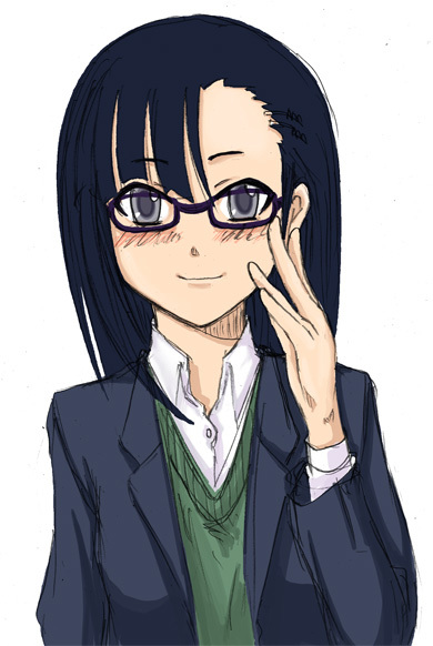 sakurazaki setsuna, mahou sensei negima!, artist request, 00s, 1girl, asymmetrical bangs, bespectacled, black eyes, black hair, blush, female focus, glasses, long hair, school uniform, simple background, smile, solo