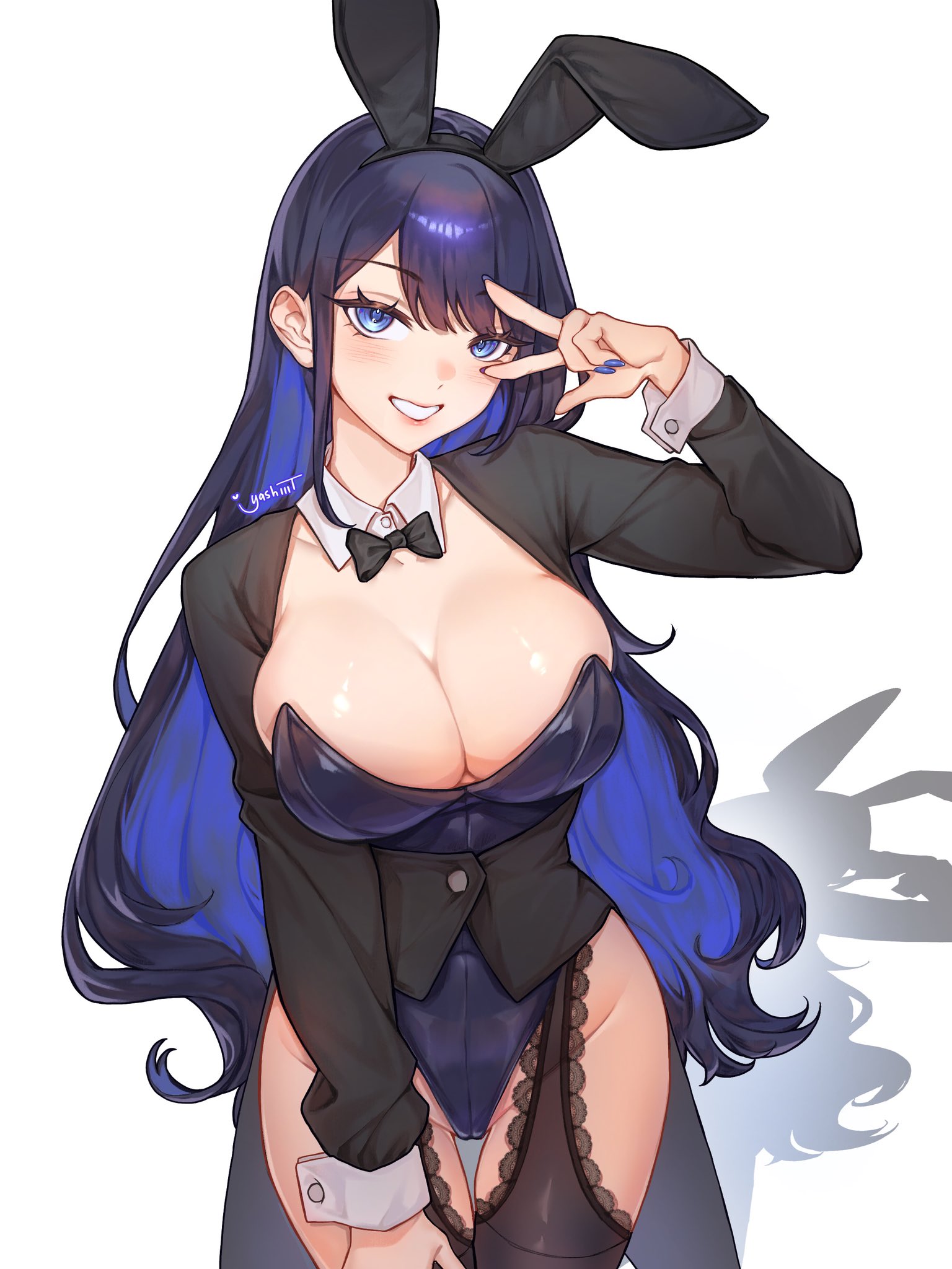 yashiiit 0112, kitagawa marin, sono bisque doll wa koi wo suru, highres, 1girl, animal ears, black hair, black jacket, black leotard, blue eyes, blue hair, breasts, cleavage, cosplay, cowboy shot, fake animal ears, jacket, large breasts, leotard, parted lips, playboy bunny, rabbit ears, simple background, smile, solo, v, white background