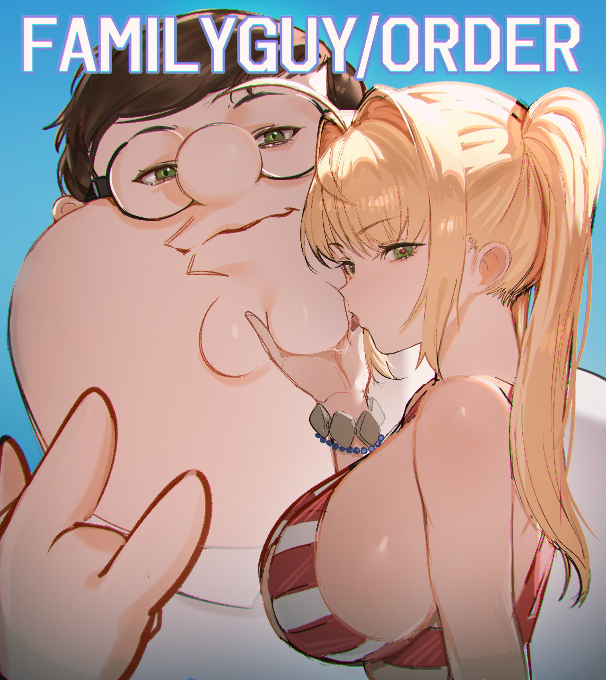 kowai (iamkowai), nero claudius (fate), nero claudius (swimsuit caster) (fate), peter griffin, family guy, fate/grand order, fate (series), commentary, english commentary, highres, 1boy, 1girl, bead bracelet, beads, bikini, blonde hair, bracelet, breasts, brown hair, cleft chin, closed mouth, crossover, fat, fat man, glasses, green eyes, hair intakes, jewelry, large breasts, licking, licking another's face, long hair, looking at viewer, red bikini, round eyewear, short hair, striped bikini, striped clothes, swimsuit, twintails, very short hair