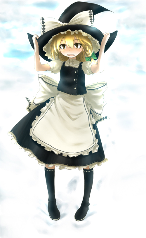 buriki, kirisame marisa, touhou, 1girl, blonde hair, fang, female focus, hands on headwear, hat, pigeon-toed, solo, witch, witch hat