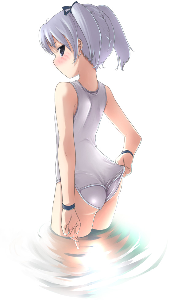 buriki, original, silver hair, 1girl, adjusting clothes, adjusting swimsuit, ass, blush, female focus, from behind, one-piece swimsuit, palms, school swimsuit, short hair, short twintails, solo, swimsuit, twintails, wading, water, wedgie, white one-piece swimsuit, white school swimsuit