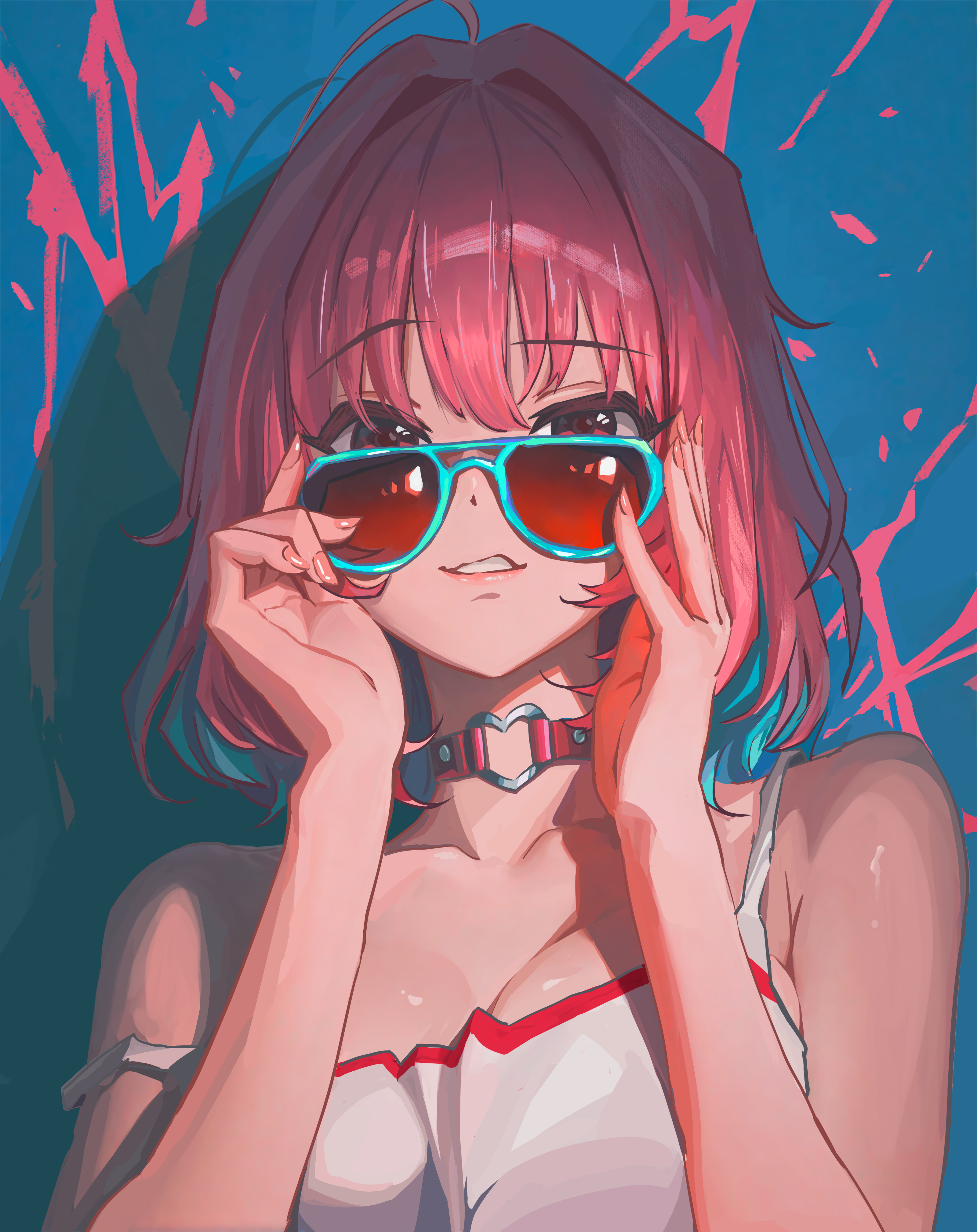 qingli ye, yumemi riamu, idolmaster, idolmaster cinderella girls, absurdres, commentary request, highres, 1girl, ahoge, aqua-framed eyewear, aqua hair, armpit crease, breasts, choker, cleavage, collarbone, fingernails, heart, heart o-ring, looking at viewer, medium breasts, multicolored hair, o-ring, o-ring choker, pink hair, red-tinted eyewear, short hair, solo, strap slip, tinted eyewear, two-tone hair, upper body