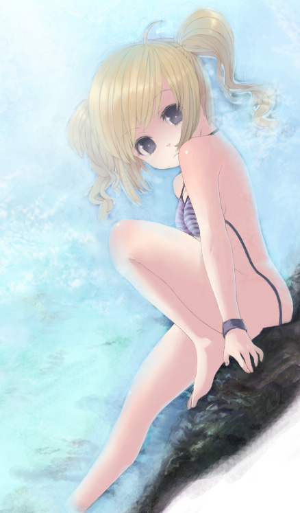 buriki, kirisame marisa, touhou, 1girl, barefoot, bikini, blonde hair, bottomless, female focus, gradient background, solo, striped bikini, striped clothes, swimsuit, twintails