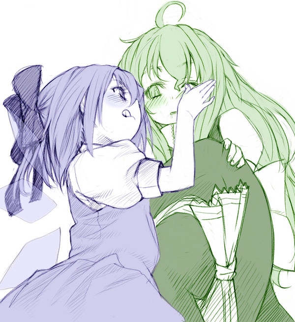 buriki, cirno, kirisame marisa, embodiment of scarlet devil, touhou, 2girls, :q, blush, female focus, hug, monochrome, multiple girls, multiple monochrome, sketch, tongue, tongue out, yuri