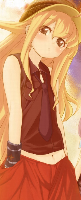 buriki, kirisame marisa, touhou, 1girl, bare shoulders, blonde hair, brown eyes, casual, female focus, hands in pockets, hat, long hair, navel, necktie, solo