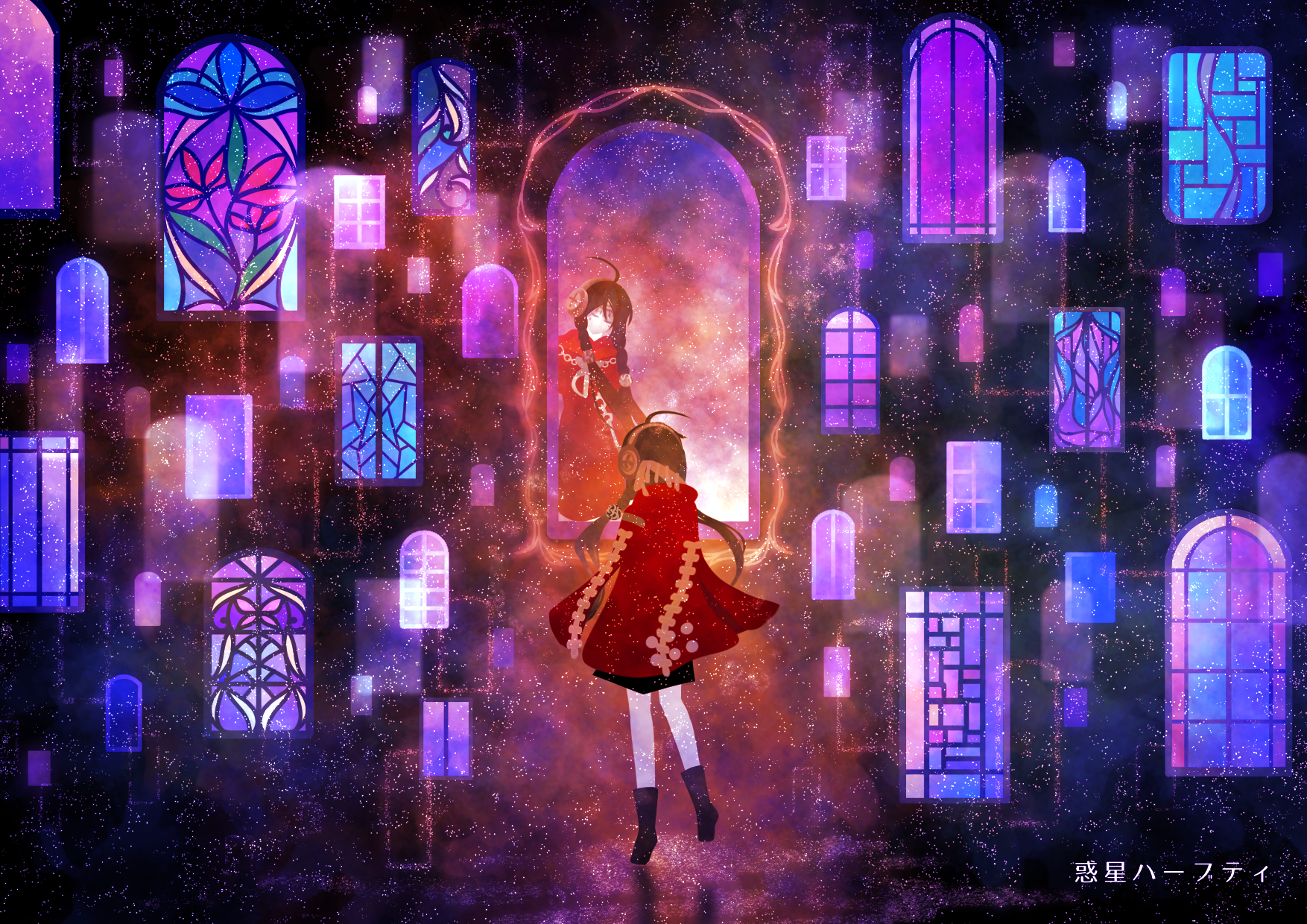wakusei habuti, xinyue tongxing, braided twintails, commentary request, highres, translation request, 1girl, ahoge, black boots, black hair, black skirt, boots, braid, cloak, closed eyes, different reflection, from behind, headphones, long hair, mirror, no mouth, red cloak, reflection, skirt, solo, stained glass, standing, twintails, window, yinxi (xinyue tongxing)