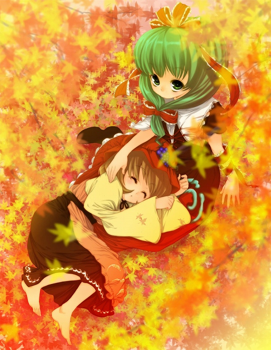 buriki, aki minoriko, kagiyama hina, touhou, 2girls, apron, arm ribbon, autumn, autumn leaves, barefoot, blonde hair, bow, closed eyes, dress, feet, female focus, food, frills, front ponytail, fruit, grapes, green eyes, green hair, hair bow, hair ornament, hair ribbon, lap pillow, leaf, long hair, long sleeves, looking at viewer, lying, multiple girls, on lap, red dress, ribbon, short hair, short sleeves, sleeping, wide sleeves