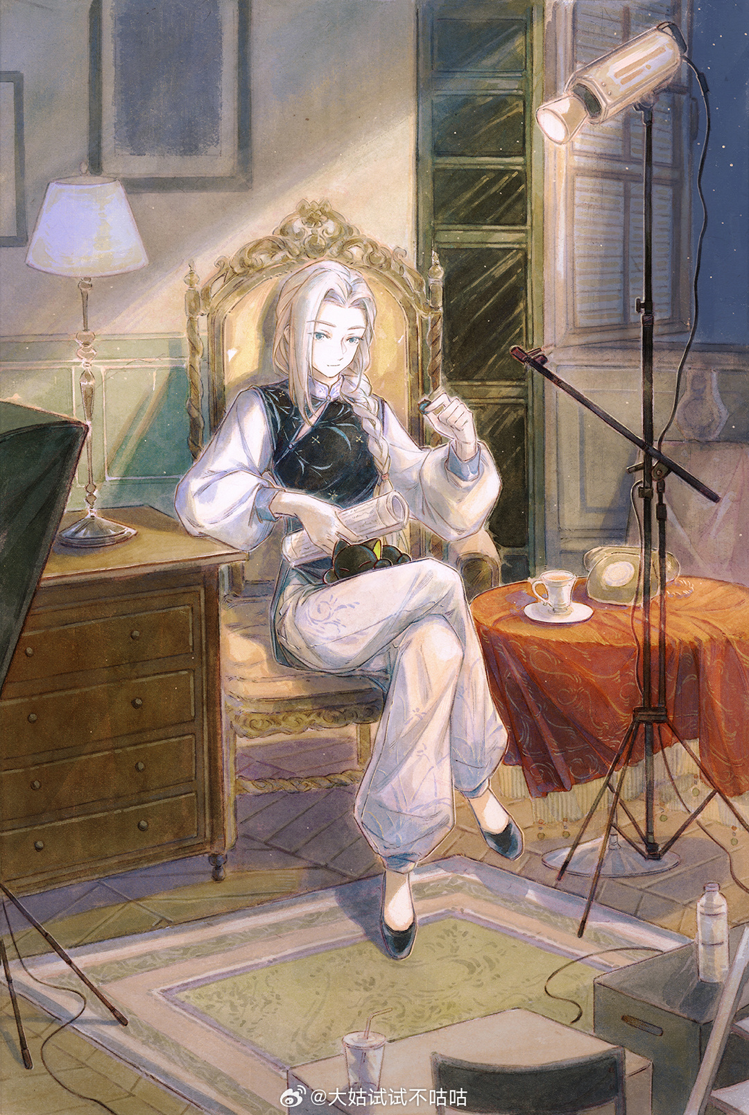 dagu shishi bu gugu, luo xiaohei, luo xiaohei (cat), luo xiaohei zhanji, highres, 1girl, black shirt, black shoes, blue eyes, bottle, braid, braided ponytail, carpet, chair, chinese clothes, crossed legs, cup, drawer, grey hair, hair over shoulder, holding, holding paper, indoors, lamp, long hair, long sleeves, luye (the legend of luoxiaohei), pants, paper, plate, puffy long sleeves, puffy sleeves, shirt, shoes, table, tablecloth, white pants, window