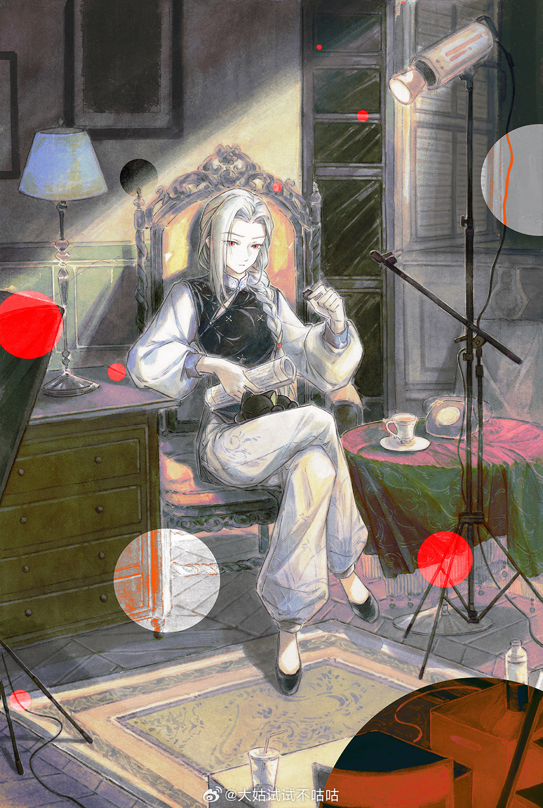 dagu shishi bu gugu, luo xiaohei, luo xiaohei (cat), luo xiaohei zhanji, highres, 1girl, black shirt, black shoes, bottle, braid, braided ponytail, carpet, chair, chinese clothes, crossed legs, cup, drawer, grey hair, hair over shoulder, holding, holding paper, indoors, lamp, long hair, long sleeves, luye (the legend of luoxiaohei), pants, paper, plate, puffy long sleeves, puffy sleeves, red eyes, shirt, shoes, table, tablecloth, white pants, window