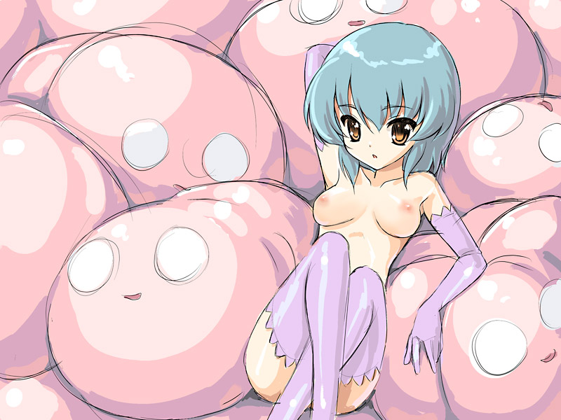 fugetsu taku, 1girl, blue hair, breasts, elbow gloves, female focus, gloves, medium breasts, nipples, orange eyes, solo, thighhighs, topless female