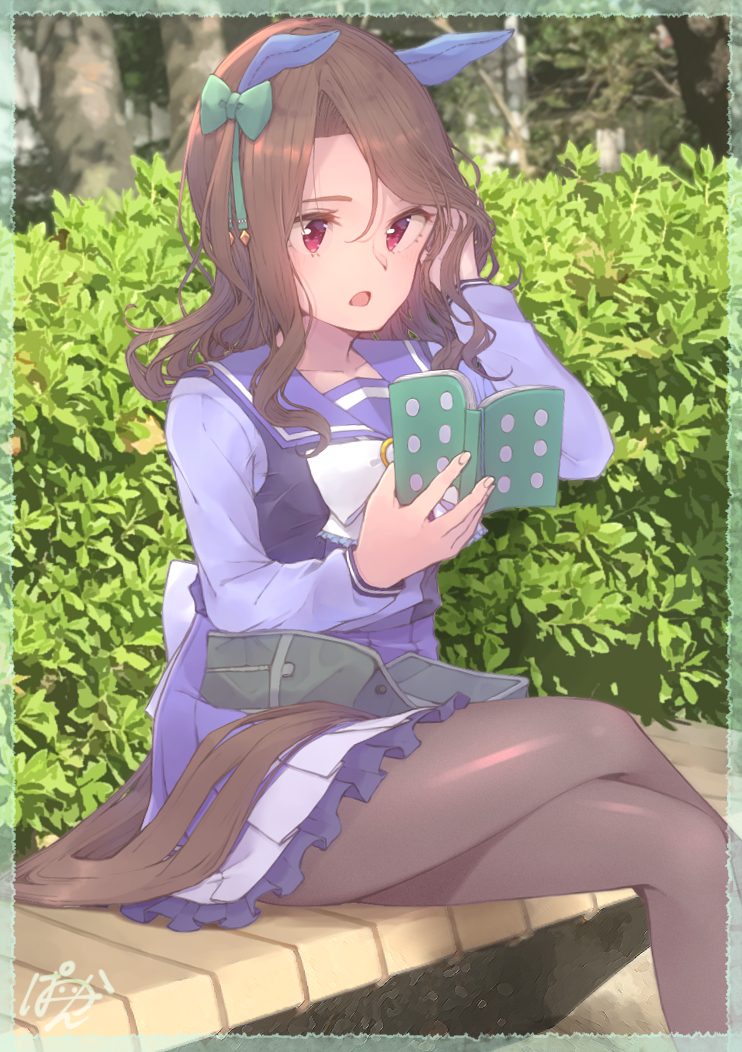 paayan (hagakinorock54), king halo (umamusume), umamusume, 1girl, black pantyhose, book, brown hair, ear covers, holding, holding book, horse girl, horse tail, over-kneehighs, pantyhose, reading, red eyes, school uniform, sitting, solo, tail, thighhighs, tracen school uniform