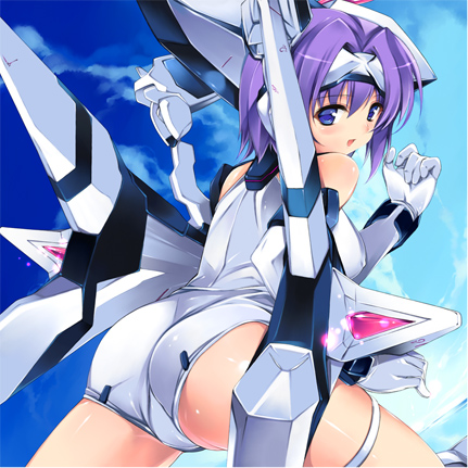 aburidashi zakuro, exelica, trigger heart exelica, lowres, ass, blue eyes, purple hair, short hair, solo