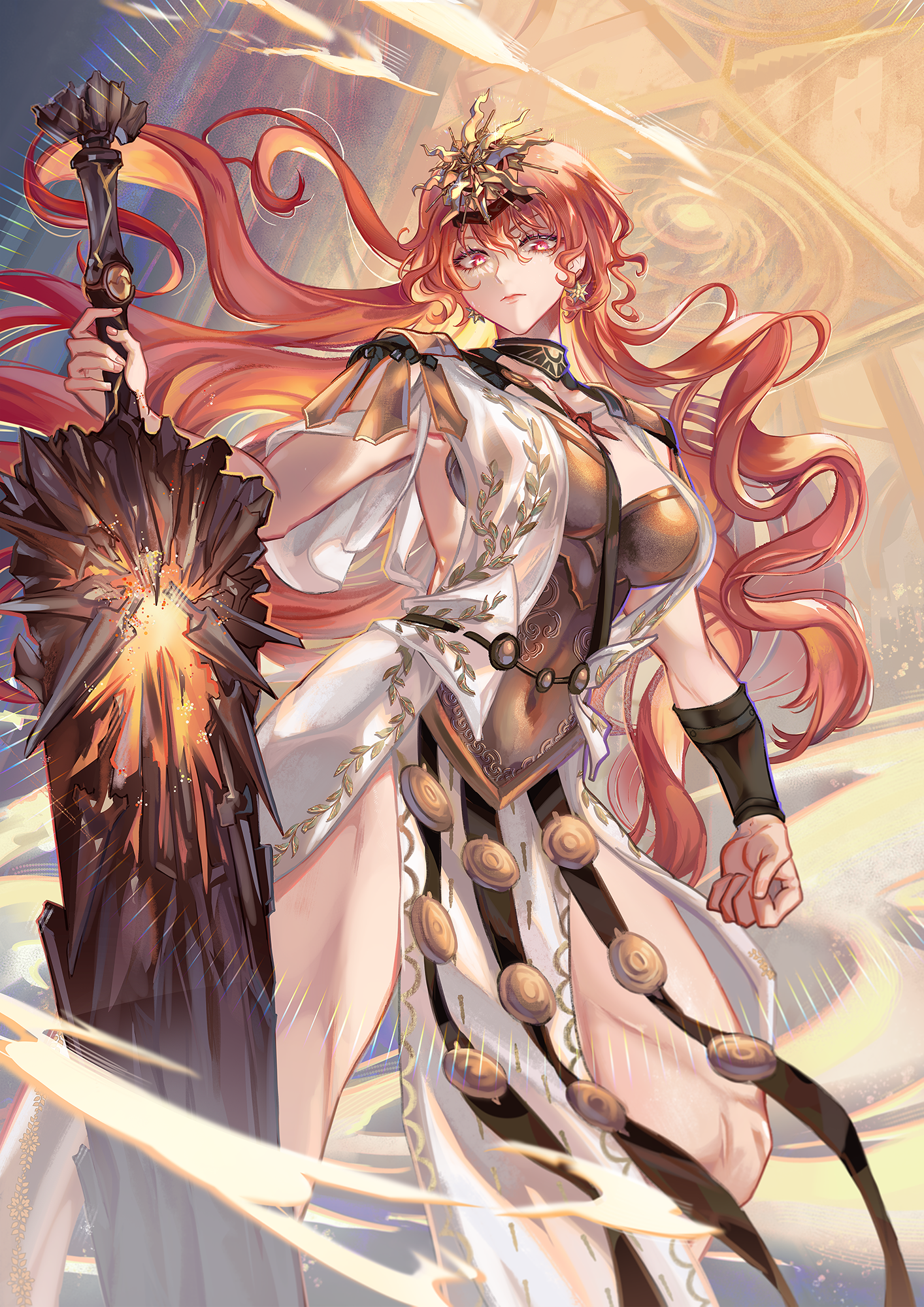washuu, augusta (wuthering waves), wuthering waves, commentary, highres, 1girl, ancient greek clothes, arm armor, armor, black collar, breastplate, breasts, closed mouth, collar, covered navel, dress, greatsword, greco-roman clothes, headgear, holding, holding sword, holding weapon, long hair, looking at viewer, medium breasts, orange hair, red eyes, solo, sword, very long hair, weapon, white dress