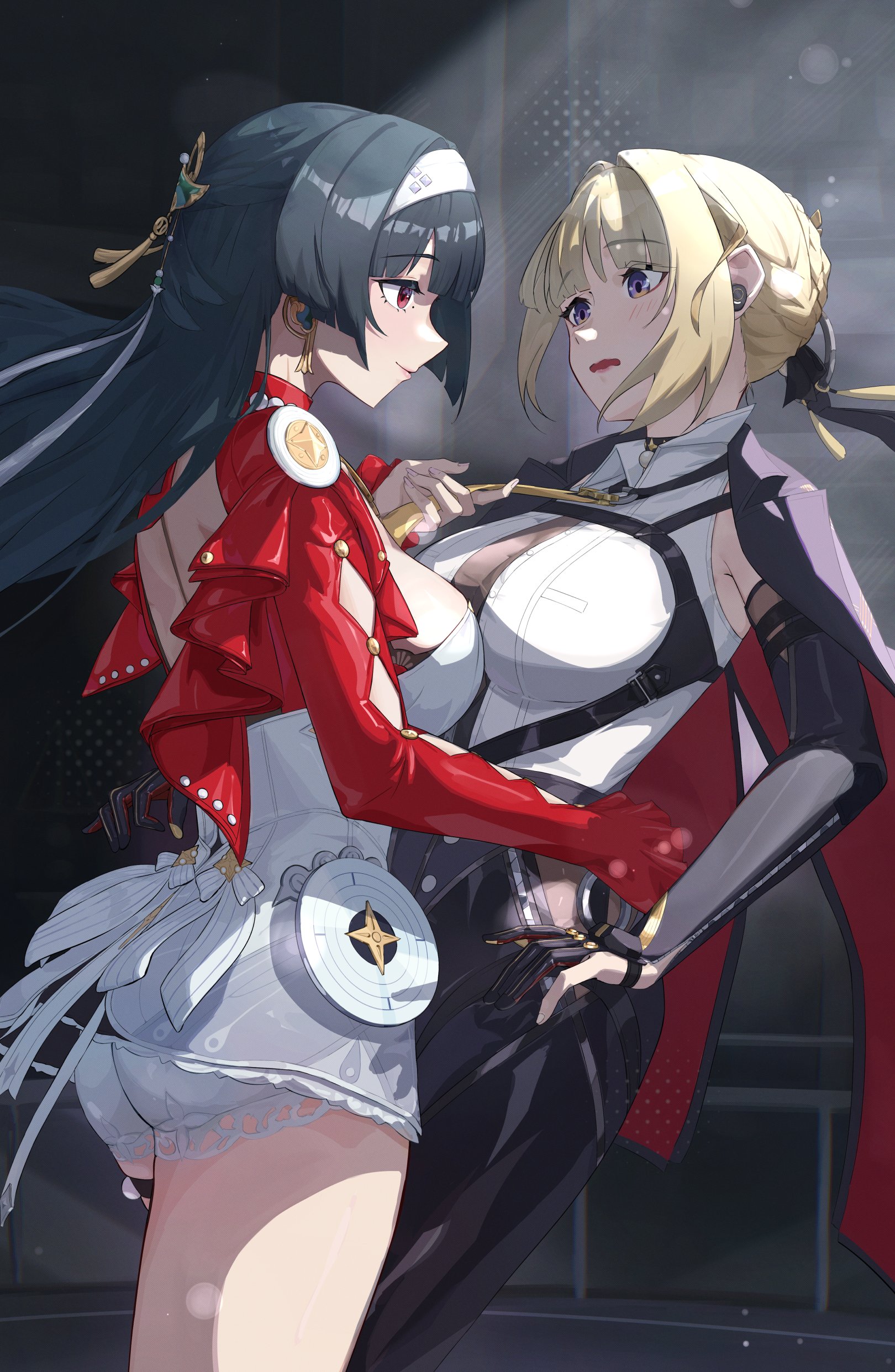 lucien tube, astra yao, evelyn chevalier, zenless zone zero, absurdres, highres, 2girls, arm strap, black coat, black hair, black pants, blonde hair, blush, chest harness, clothes grab, coat, coat on shoulders, earphones, earrings, elbow gloves, gloves, hairband, half gloves, hand on another's waist, harness, high-waist pants, jacket, jewelry, latex pants, long ribbon, looking at another, multiple girls, necklace, necktie, necktie grab, neckwear grab, open mouth, pants, pearl necklace, pulling another's clothes, purple eyes, red eyes, red jacket, red shrug, ring hair ornament, see-through clothes, see-through shirt, shirt, single elbow glove, single half glove, thigh beads, tight clothes, tight pants, uneven bangs, white hairband, white shirt, yellow necktie, yuri