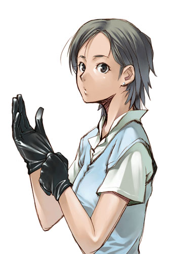 tamaki g, tamaki g (artist), original, lowres, 1girl, androgynous, black hair, blue eyes, female focus, gloves, looking at viewer, shirt, short hair, short sleeves, simple background, solo, sweater vest, white background, white shirt