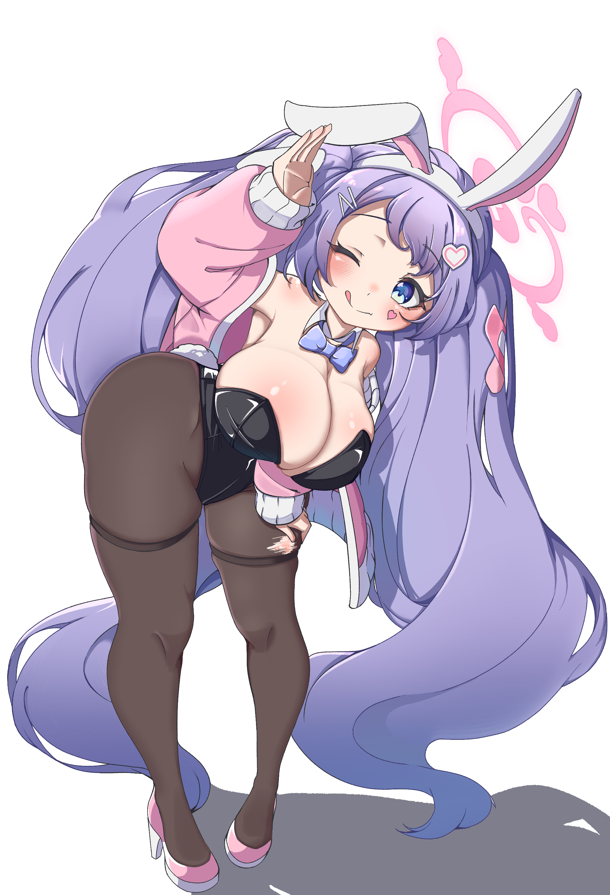 orry lantern, hanae (blue archive), blue archive, absurdres, highres, 1girl, :q, absurdly long hair, animal ear hairband, animal ears, bandaid, bandaid hair ornament, big hair, black leotard, black pantyhose, blue eyes, bow, bowtie, breasts, bunny day, cardigan, detached collar, fake animal ears, fake tail, hair ornament, hairband, halo, heart, heart hair ornament, heart on cheek, high heels, large breasts, leotard, long hair, open cardigan, open clothes, oppai loli, pantyhose, pink cardigan, playboy bunny, purple hair, rabbit ears, rabbit tail, shadow, simple background, sleeves past wrists, tail, thighband pantyhose, tongue, tongue out, twintails, very long hair, waving, white background