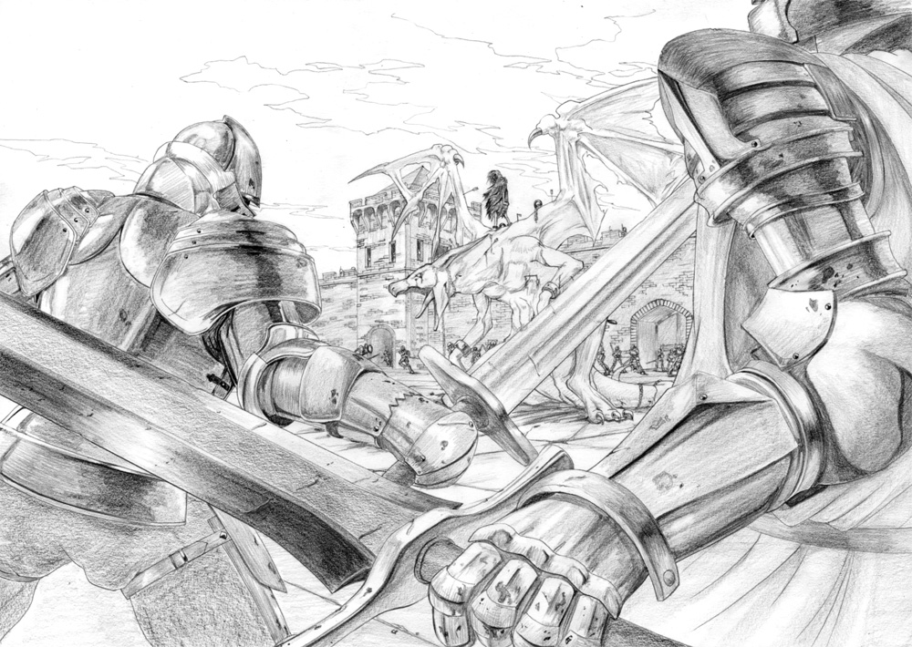 terazo, original, dragon, fantasy, greyscale, monochrome, sword, weapon