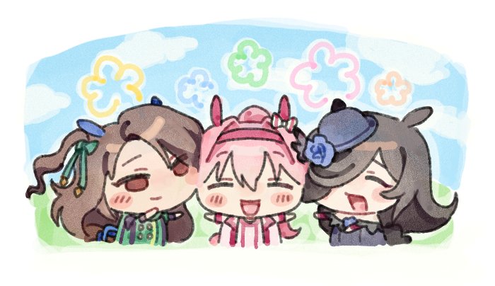 haru urara (umamusume), king halo (umamusume), rice shower (umamusume), umamusume, 3girls, b bluebam b, blush, brown eyes, brown hair, chibi, closed eyes, hair over one eye, hat, horse girl, mini hat, multiple girls, open mouth, pink hair, smile