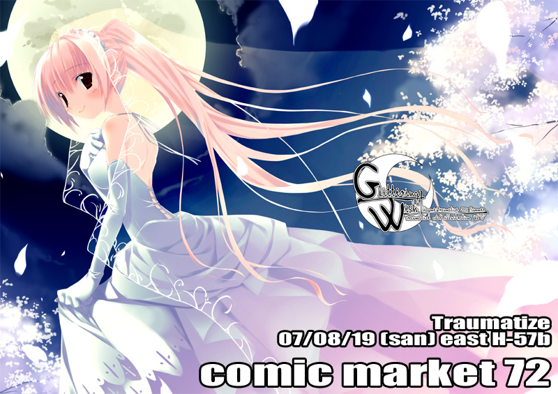 kagome (traumatize), original, 1girl, bride, dress, elbow gloves, female focus, gloves, long hair, moon, night, outdoors, sky, solo, wedding dress