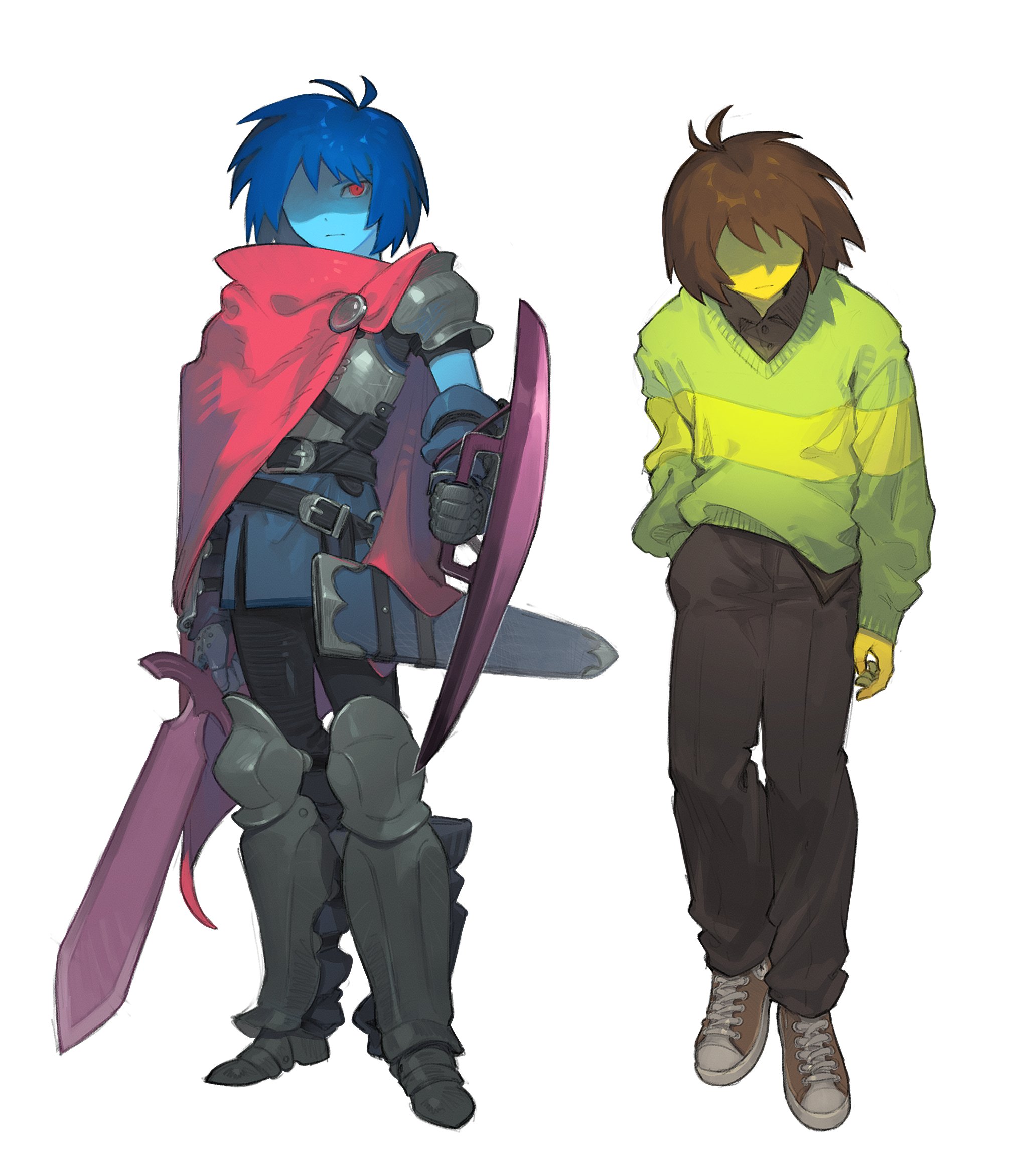 9twoeight, kris (dark world) (deltarune), kris (deltarune), deltarune, utdr (toby fox), highres, 2others, antenna hair, armor, blue hair, blue skin, breastplate, brown hair, brown pants, brown shoes, cape, colored skin, covered eyes, facing viewer, full body, gauntlets, greaves, green sweater, hand in pocket, holding, holding shield, holding sword, holding weapon, multiple others, one eye covered, other focus, pants, pauldrons, red cape, red eyes, shaded face, shield, shoes, short hair, shoulder armor, simple background, sneakers, standing, sweater, sword, weapon, white background, yellow skin