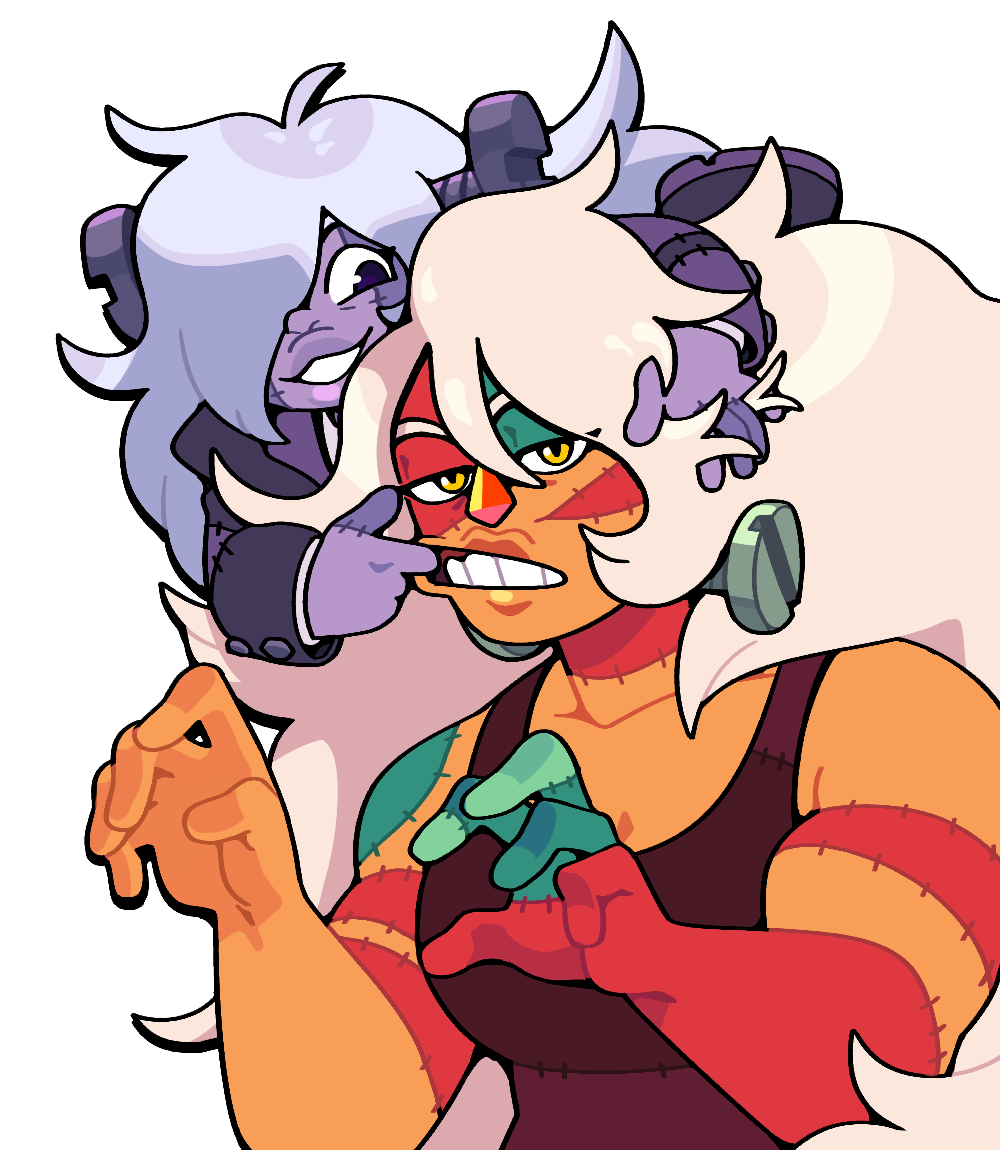 discount-supervillain, amethyst (steven universe), jasper (steven universe), steven universe, 2girls, alternate costume, breasts, colored skin, gem, grin, jasper (post-corruption) (steven universe), jasper (species) (steven universe), long hair, multiple girls, muscular, muscular female, orange skin, smile, steven universe: future, striped skin, thick lips, very long hair, white hair, yellow eyes