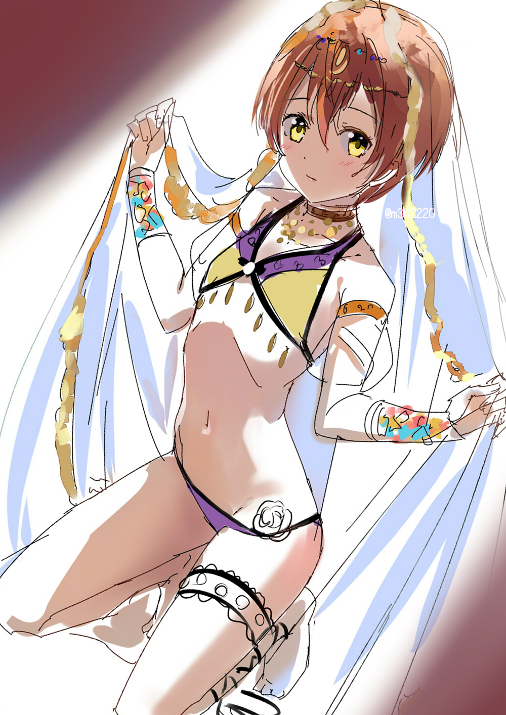 bunbun (midukikome), hoshizora rin, love live!, love live! school idol project, highres, 1girl, bikini, choker, closed mouth, flat chest, hair between eyes, kneeling, looking at viewer, navel, orange hair, short hair, solo, swimsuit, thigh strap, twitter username, yellow eyes