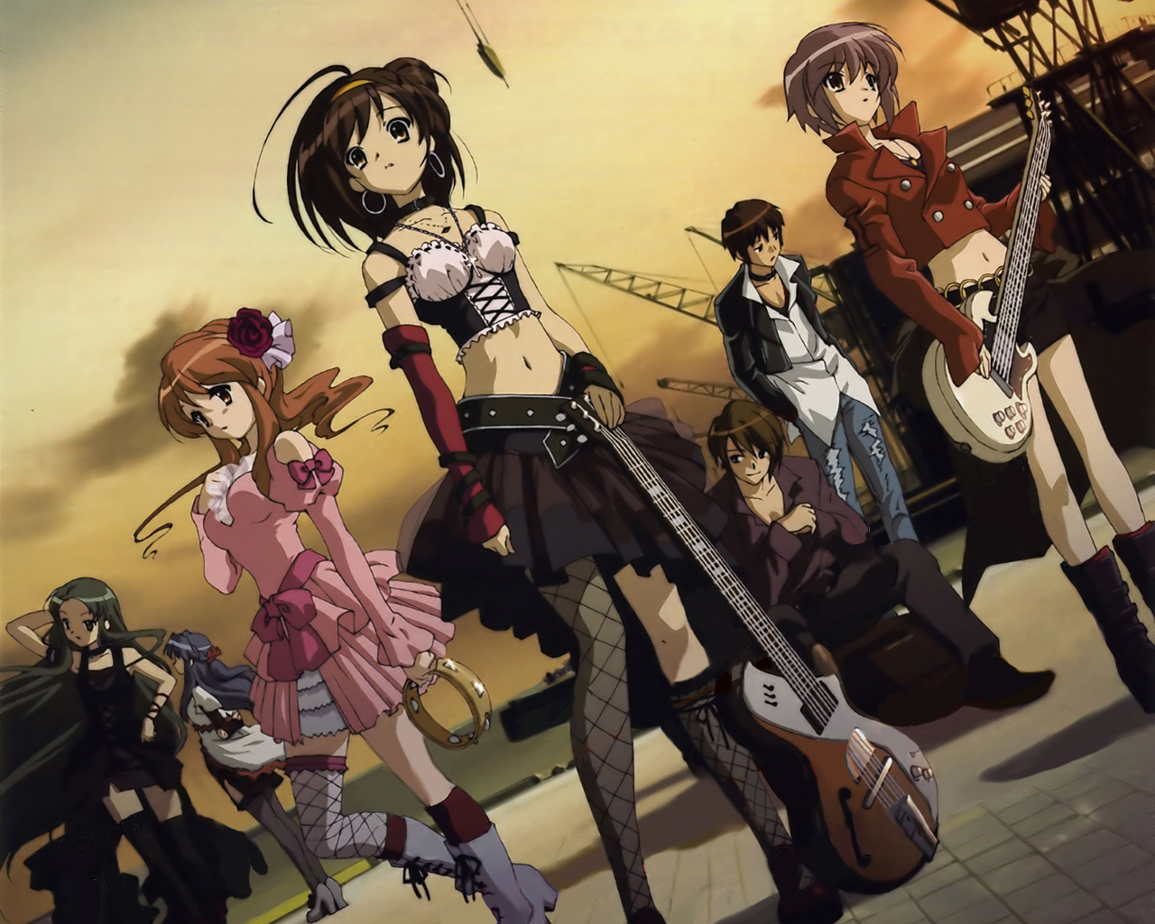 asahina mikuru, asakura ryoko, koizumi itsuki, kyon, nagato yuki, suzumiya haruhi, tsuruya, suzumiya haruhi no yuuutsu, 2boys, 5girls, brown hair, cosplay, earrings, fishnet pantyhose, fishnet thighhighs, fishnets, green hair, guitar, hoop earrings, idol, instrument, jewelry, long hair, multiple boys, multiple girls, pantyhose, short hair, tambourine, thighhighs, very long hair