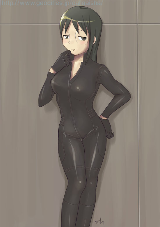aisha callaaisha, harakawa tamako, dennou coil, 00s, biker clothes, bikesuit, black hair, bodysuit, brown eyes, glasses, long hair, solo