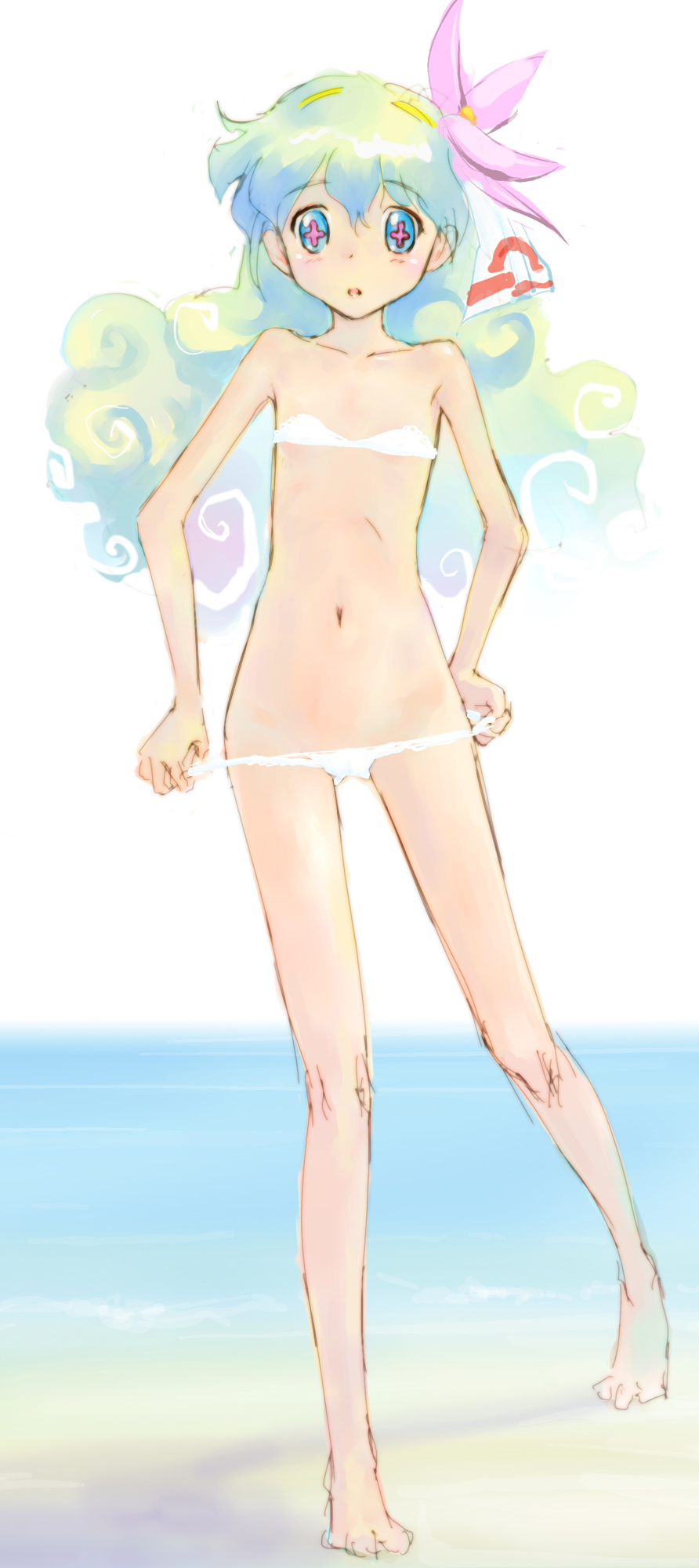 hinoki (studio spiral dust), nia teppelin, tengen toppa gurren lagann, highres, 00s, 1girl, barefoot, bikini, female focus, flat chest, sketch, solo, swimsuit