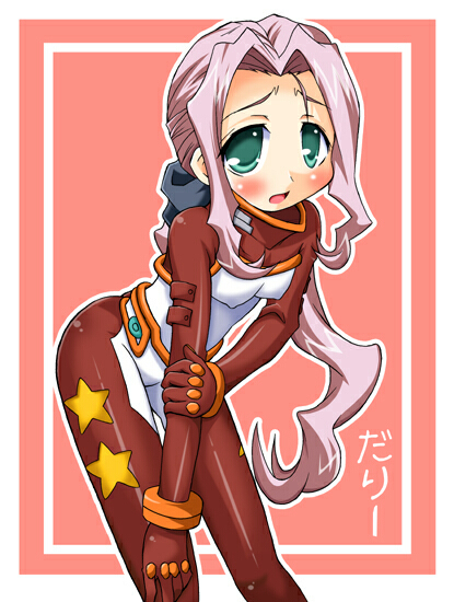 tsukishima makoto, darry adai, tengen toppa gurren lagann, 00s, 1girl, blush, bodysuit, female focus, green eyes, pink hair, solo