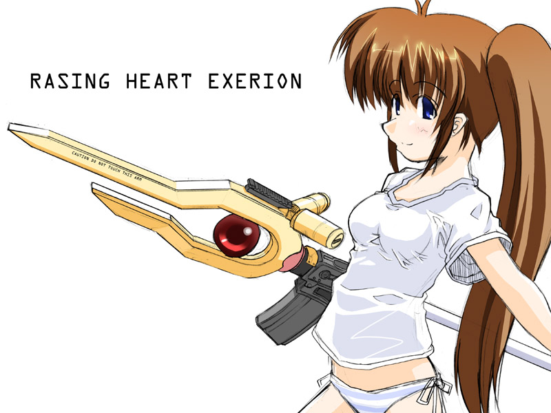 excel (gewalt), raising heart, raising heart (buster mode), takamachi nanoha, lyrical nanoha, mahou shoujo lyrical nanoha, mahou shoujo lyrical nanoha strikers, 00s, 1girl, alternate weapon, female focus, no pants, panties, side-tie panties, solo, striped clothes, striped panties, underwear, weapon
