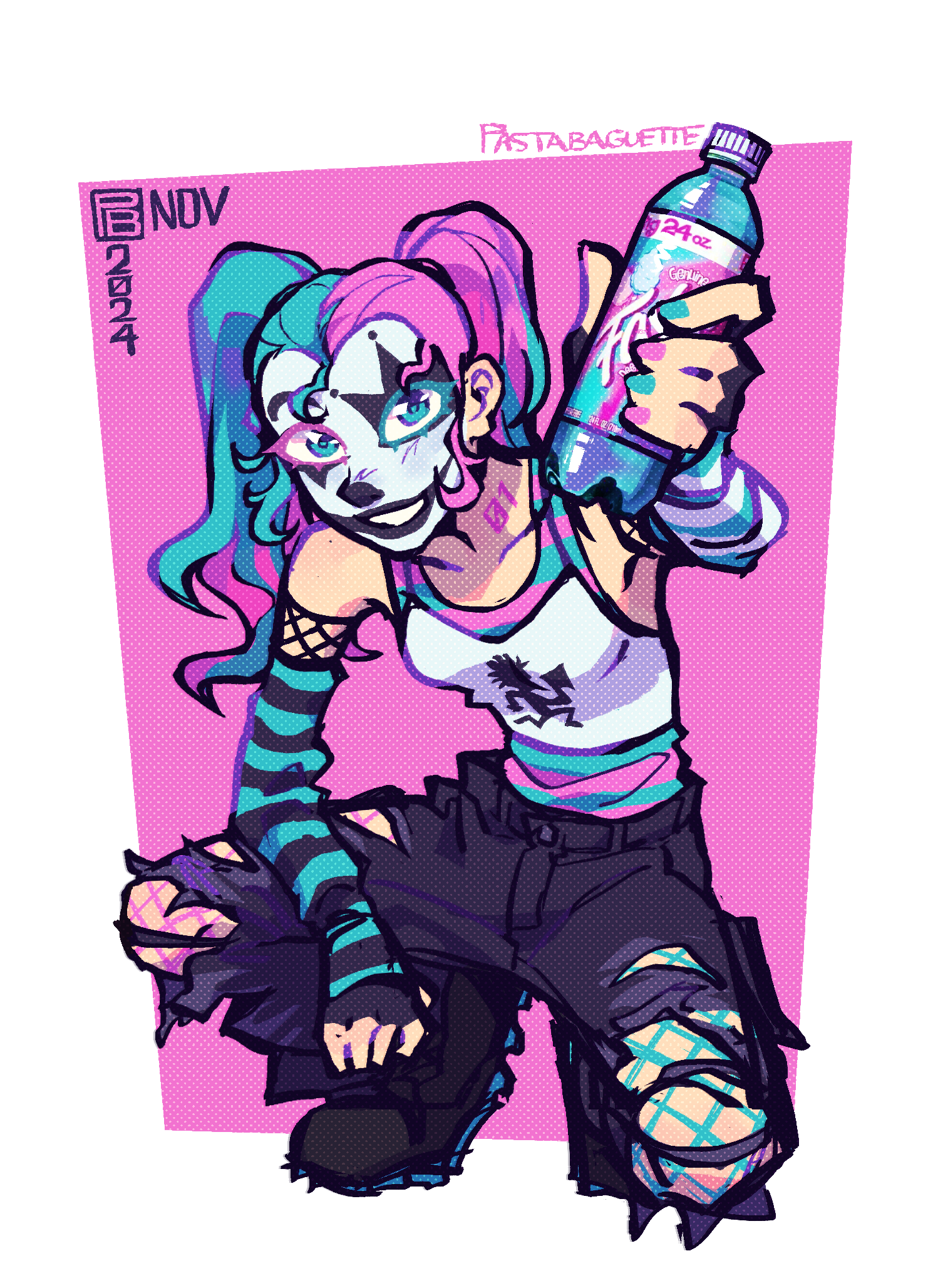 hatsune miku, vocaloid, alpha transparency, highres, 1girl, aqua eyes, aqua hair, aqua nails, artist name, asymmetrical hair, asymmetrical legwear, breasts, colored eyelashes, dated, detached sleeves, fishnets, grin, incoming gift, juggalo, looking at viewer, number tattoo, pastabaguette, pink background, pink hair, pink nails, small breasts, smile, solo, squatting, striped clothes, tank top, tattoo, torn clothes, twintails, white facepaint