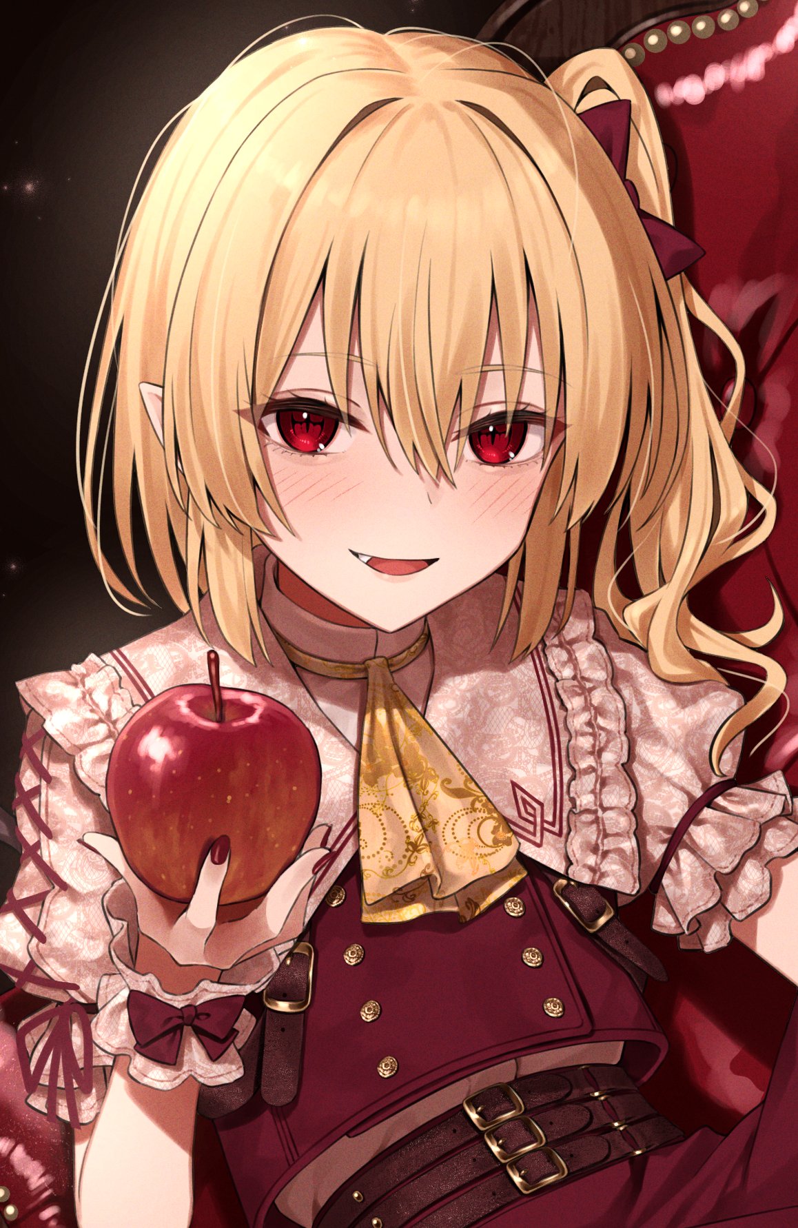greenkohgen, flandre scarlet, touhou, commentary request, highres, 1girl, :d, adapted costume, apple, ascot, belt, blush, bow, brown belt, chair, eyelashes, fang, food, frilled shirt collar, frilled wrist cuffs, frills, fruit, hair bow, hair intakes, hand up, holding, holding food, holding fruit, indoors, looking at viewer, medium hair, multiple belts, nail polish, no headwear, on chair, one side up, open mouth, pointy ears, puffy short sleeves, puffy sleeves, red bow, red eyes, red nails, red shirt, shirt, short sleeves, sitting, slit pupils, smile, solo, tsurime, upper body, vampire, wrist bow, wrist cuffs, yellow ascot