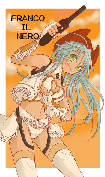 gotou hayako, franco il nero, nitroplus, original, zoku satsuriku no django, 1girl, :p, :q, ahoge, blue hair, breasts, character name, cleavage, cowboy hat, cowboy shot, cowboy western, female focus, fingerless gloves, fringe trim, gloves, green eyes, gun, handgun, hat, leaning forward, long hair, lowleg, lowleg panties, midriff, panties, revolver, solo, thighhighs, tongue, tongue out, underwear, weapon, white panties