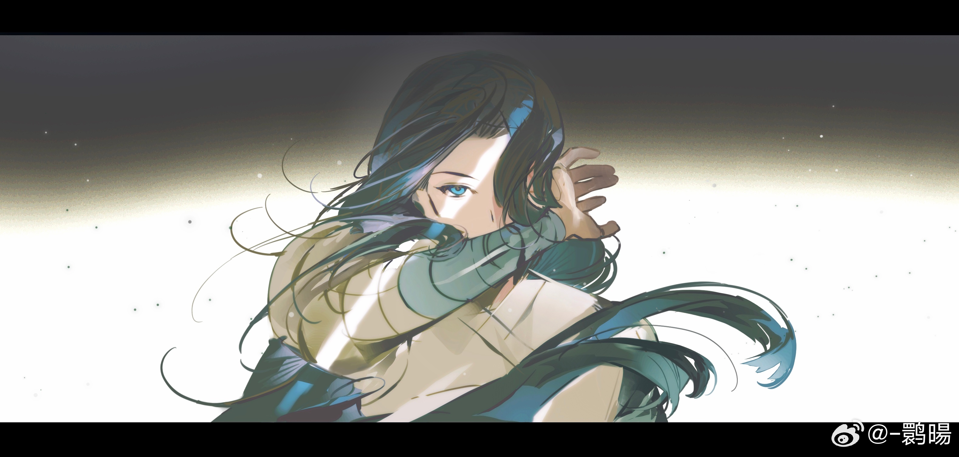huan yang, wuxian (the legend of luoxiaohei), luo xiaohei zhanji, highres, 1boy, arm up, blue eyes, blue hair, floating hair, hair over one eye, long hair, short sleeves, solo, upper body