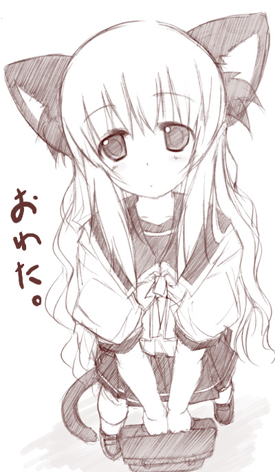 yumesato makura, original, 1girl, animal ears, cat ears, female focus, monochrome, pink theme, school uniform, serafuku, sketch, solo
