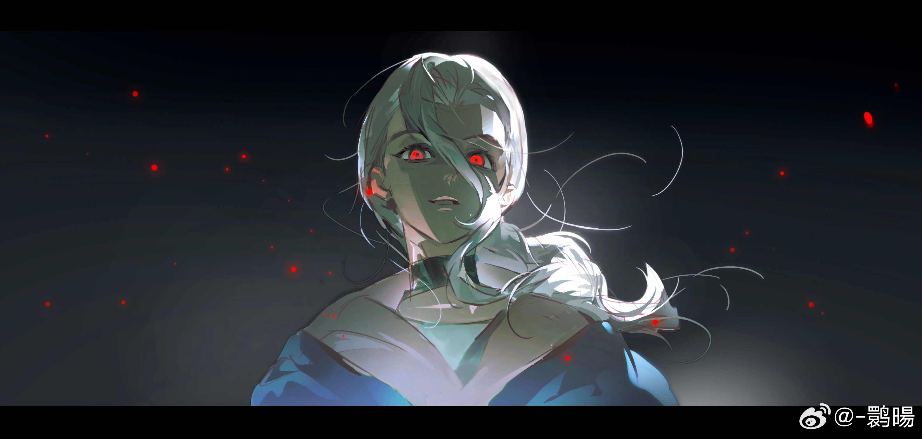 huan yang, luo xiaohei zhanji, highres, 1girl, black background, black choker, blue jacket, braid, braided ponytail, choker, grey hair, hair between eyes, jacket, long hair, looking at viewer, luye (the legend of luoxiaohei), red eyes, solo